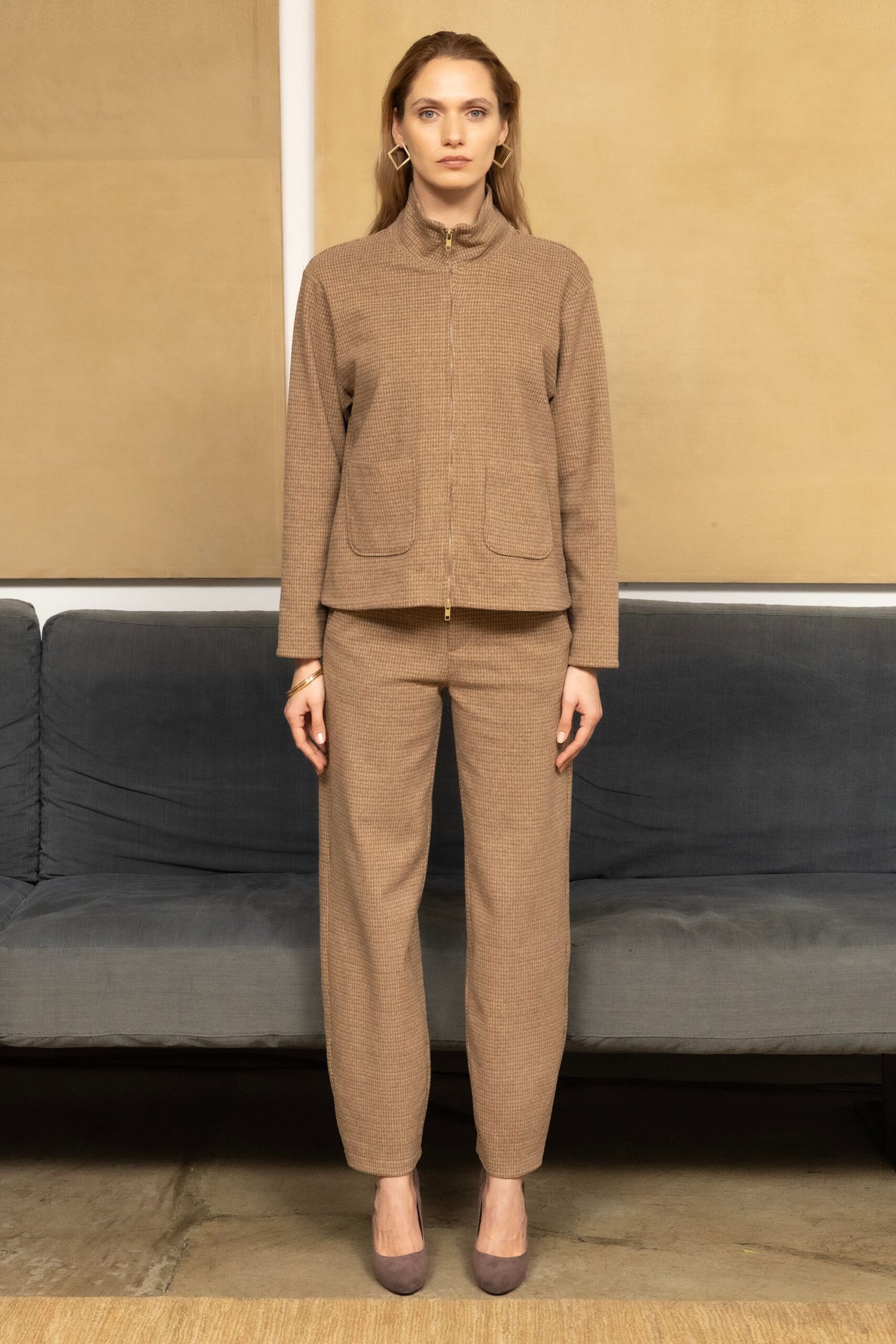 brown cotton long-sleeve collared structured zippered pockets jacket