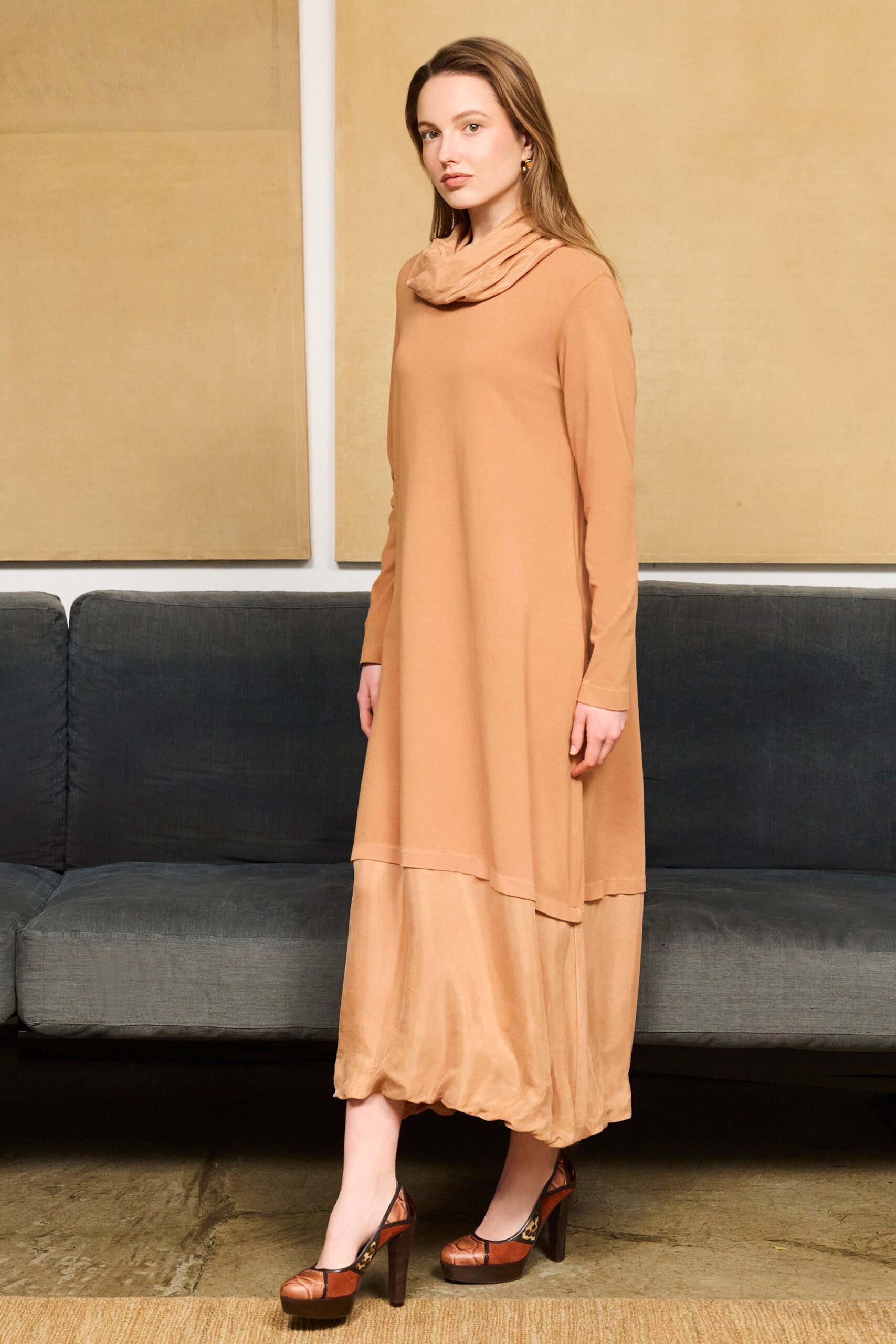 beige cotton long-sleeve high-neck relaxed layered midi dress