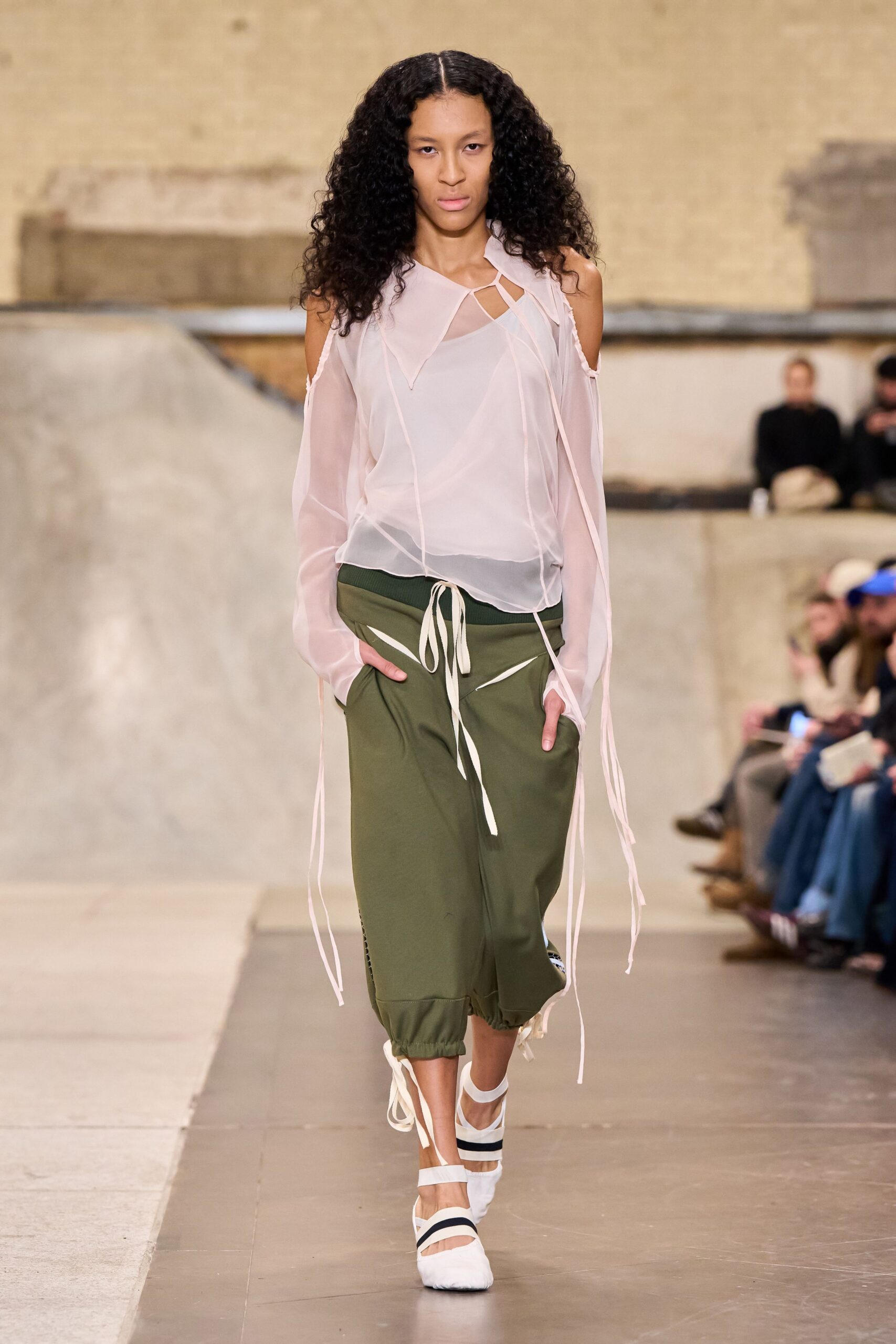 pink chiffon long-sleeve off-shoulder relaxed layered draped top