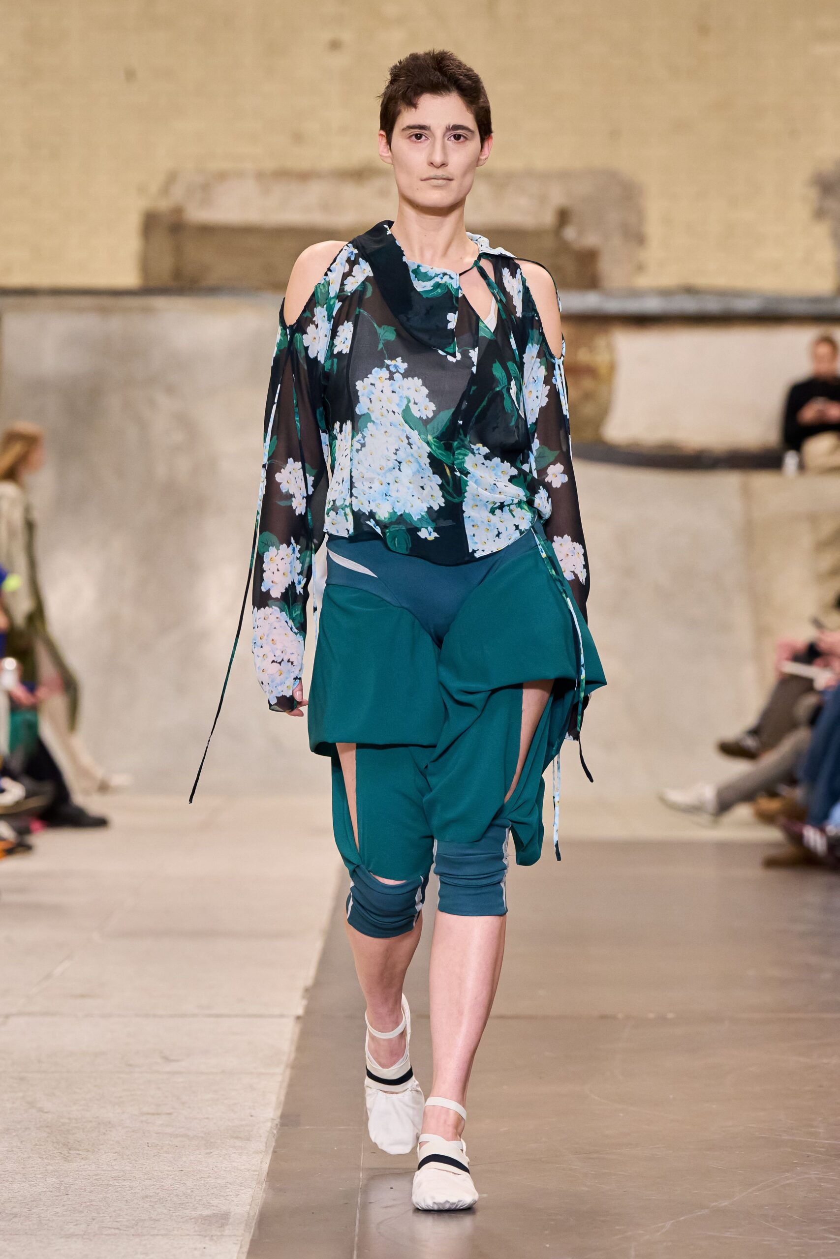 black silk long-sleeve off-shoulder relaxed floral layered top
