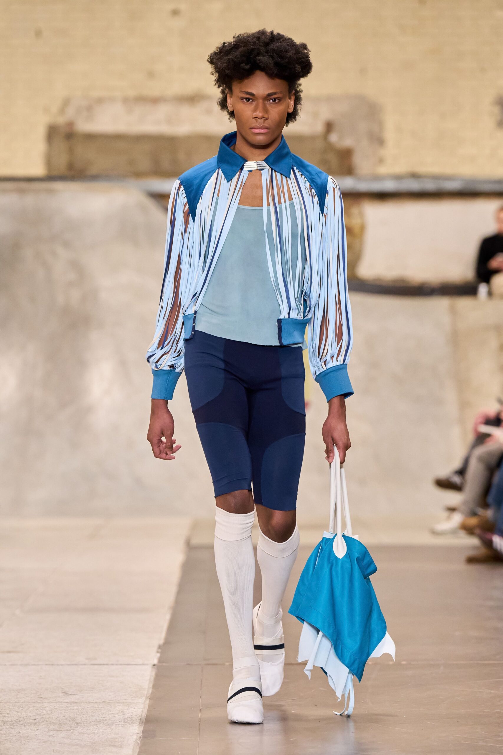 blue silk long-sleeve collared fitted pleated jacket