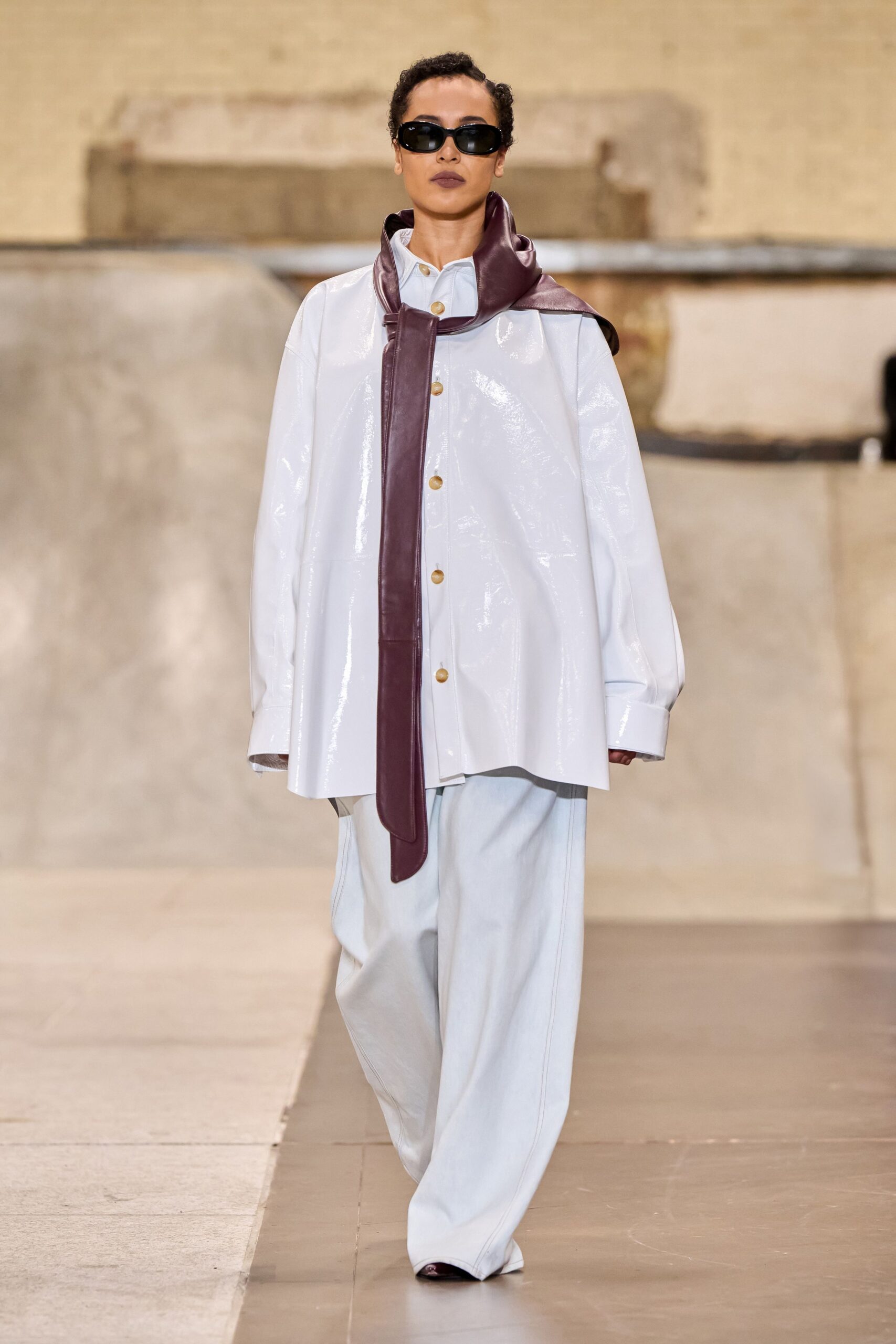 white vinyl long-sleeve collared oversized buttoned shiny shirt