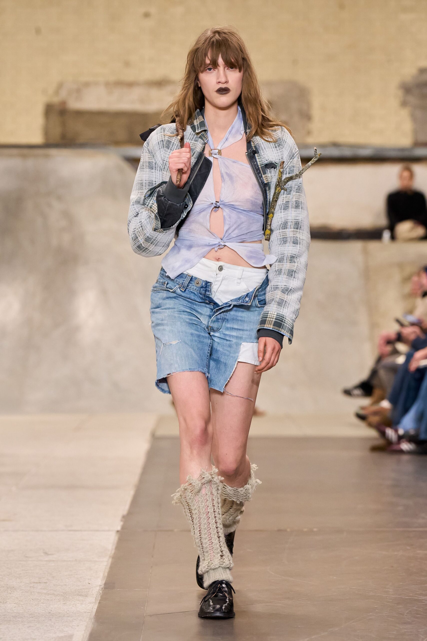gray checked jacket with denim shorts