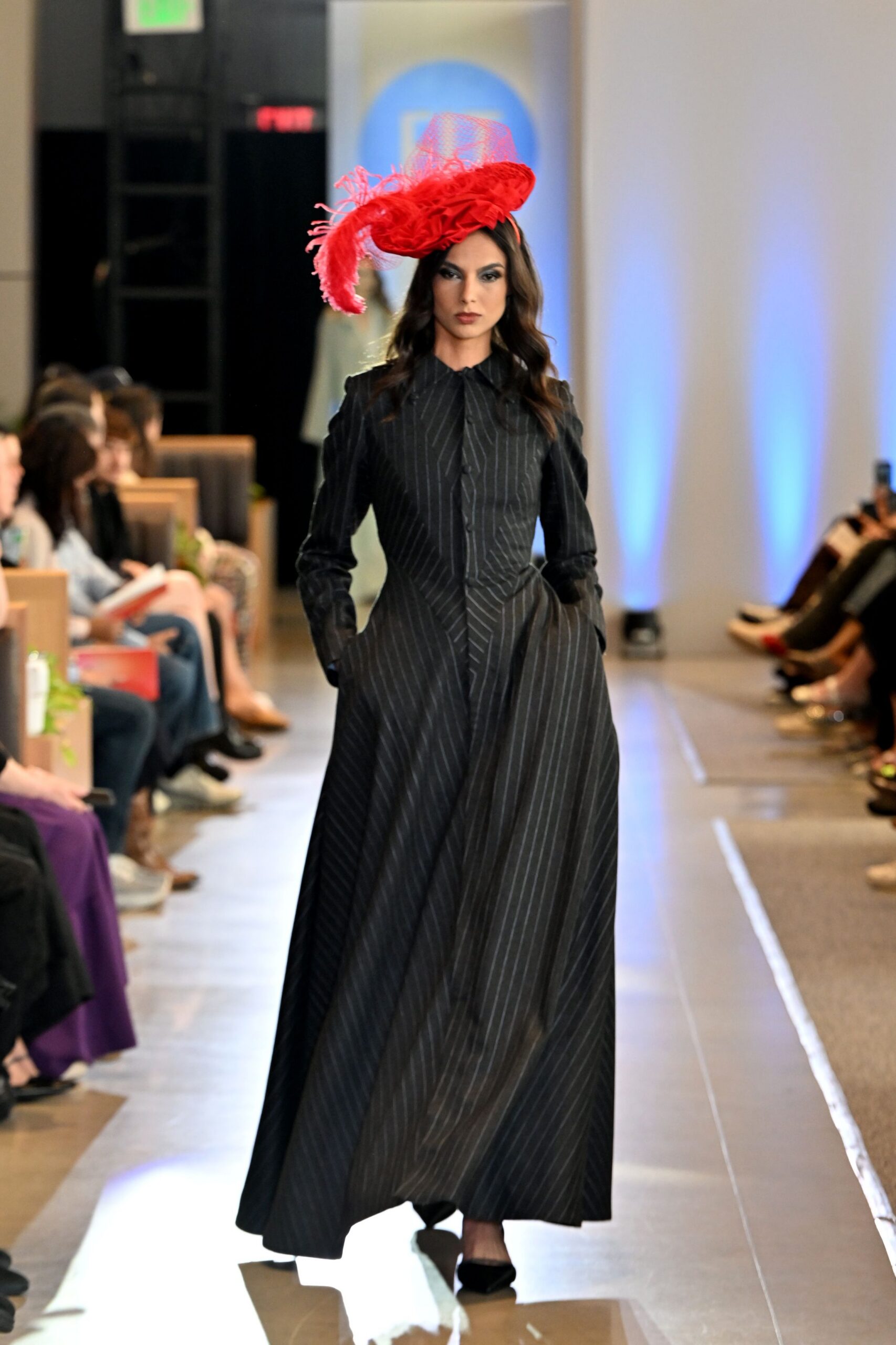 black fitted gown with red hat