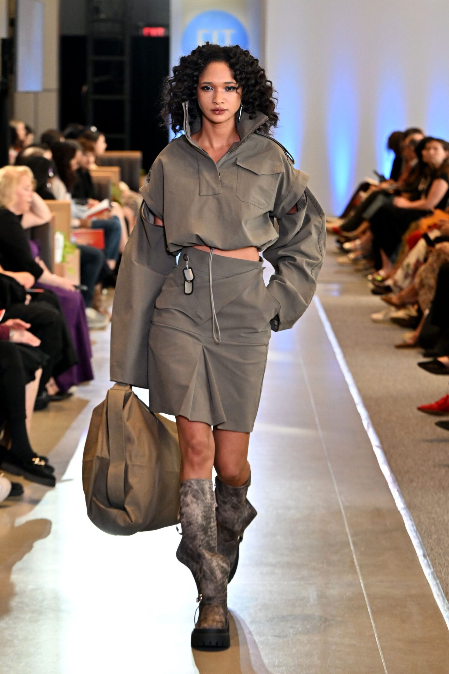 gray relaxed top and fitted skirt