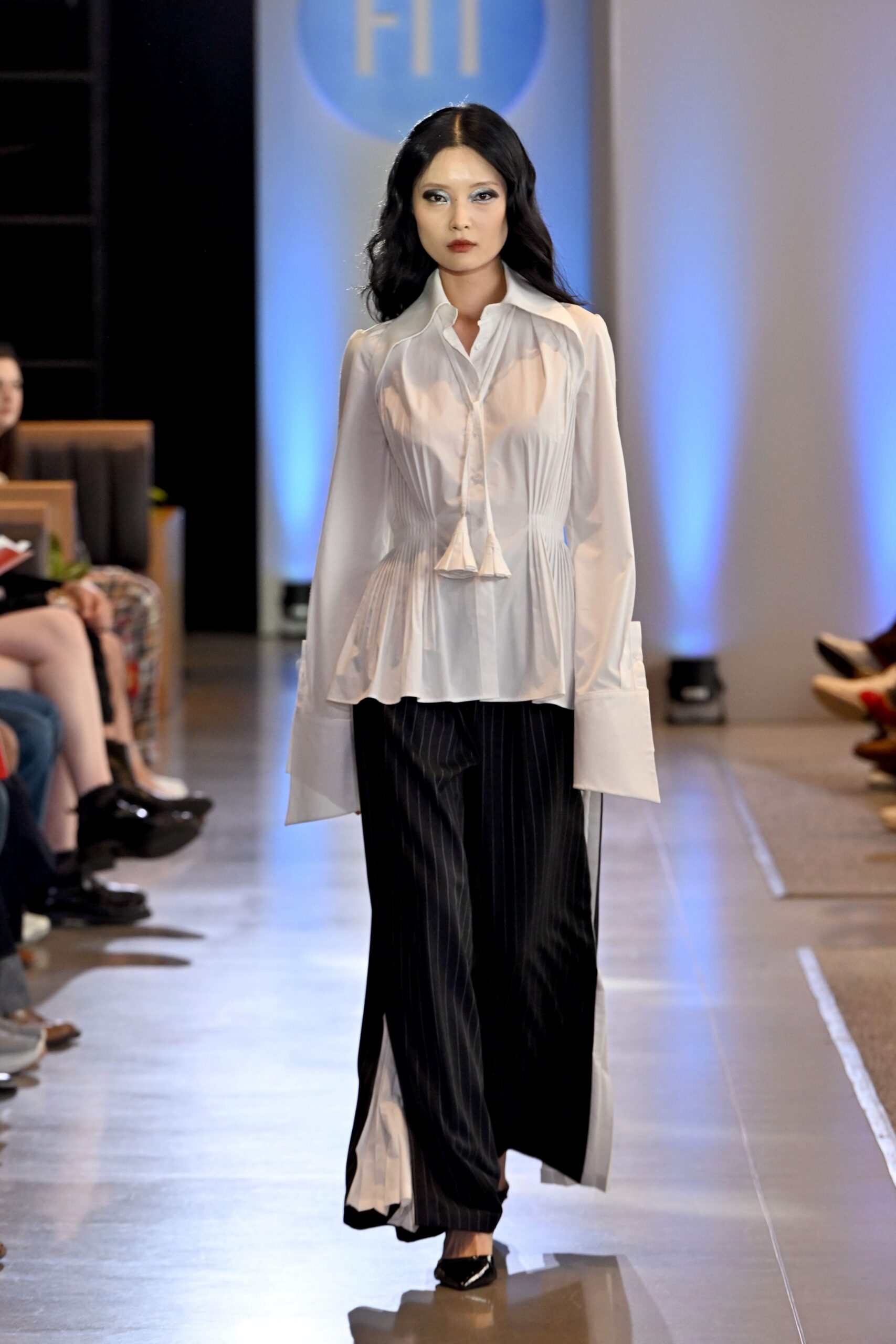 white silk fitted shirt with black pants