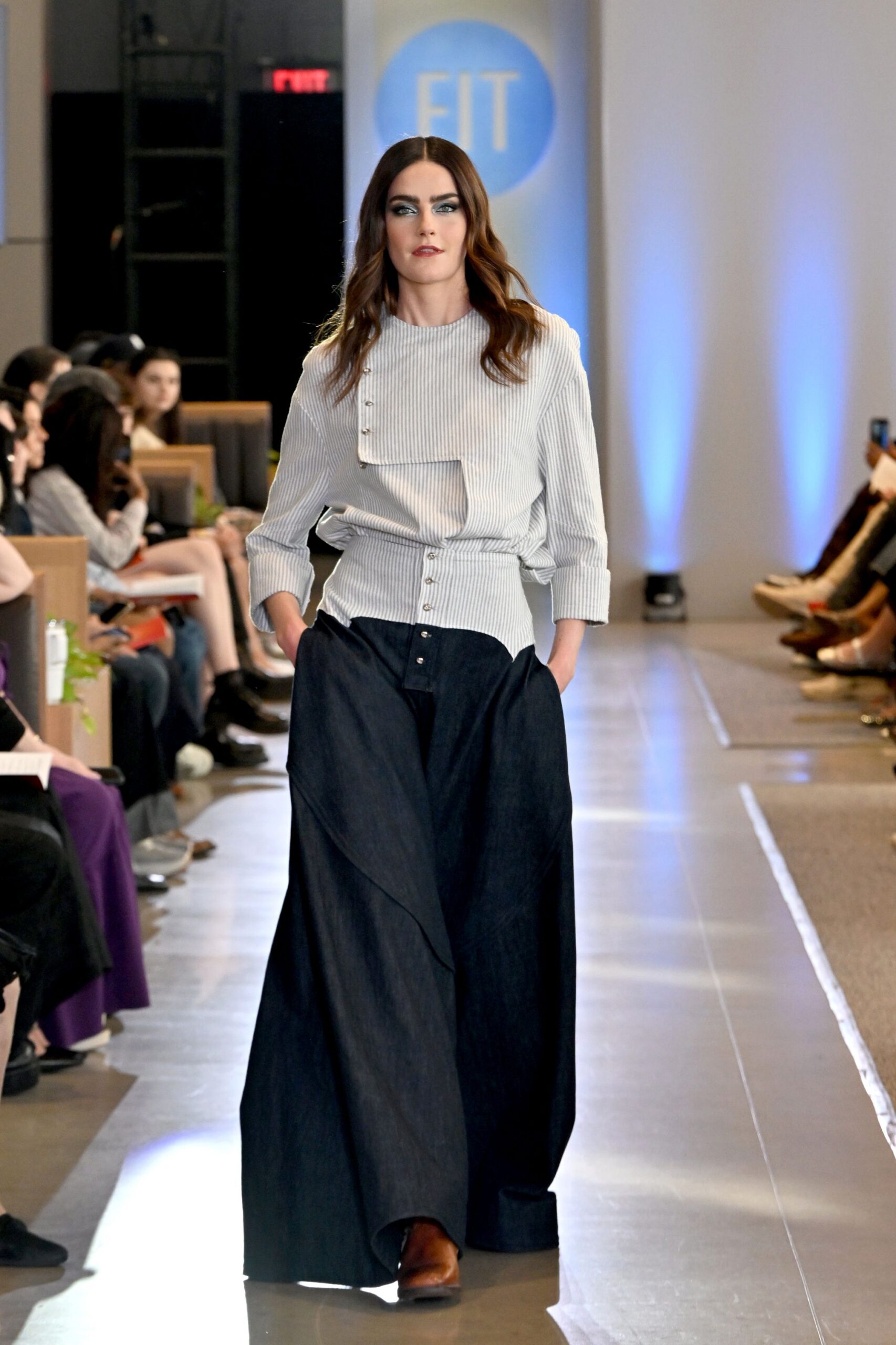 relaxed striped top with flared denim skirt