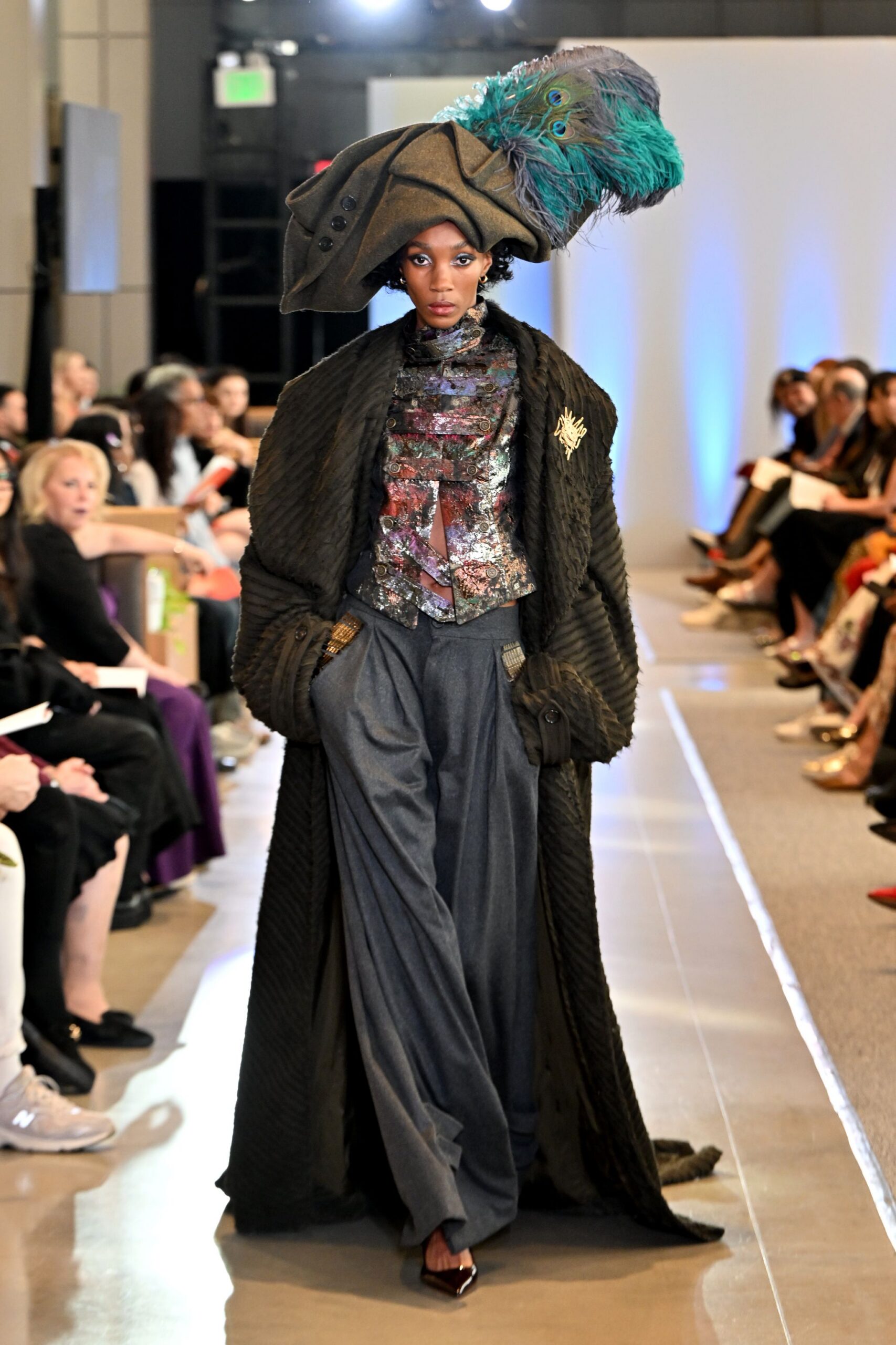 black wool coat with embroidered top