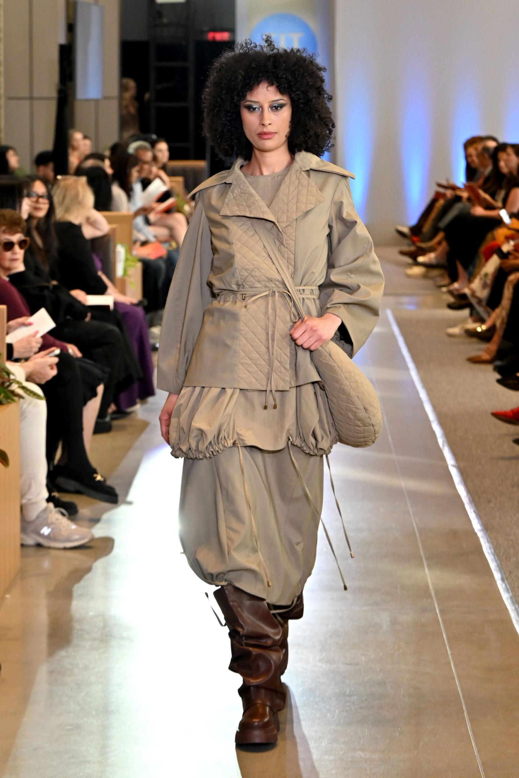 beige relaxed midi dress with brown boots