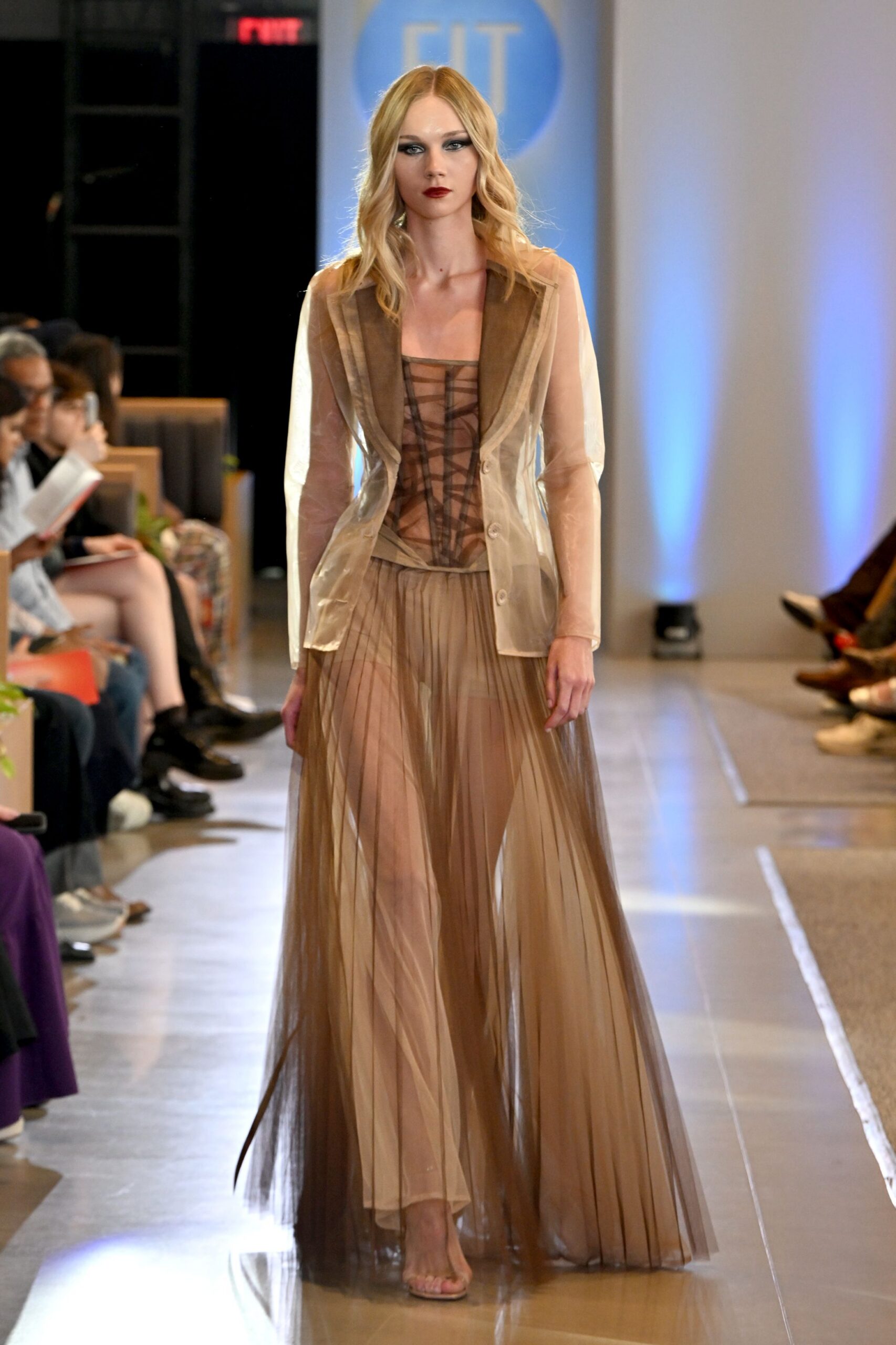 beige silk gown with blazer