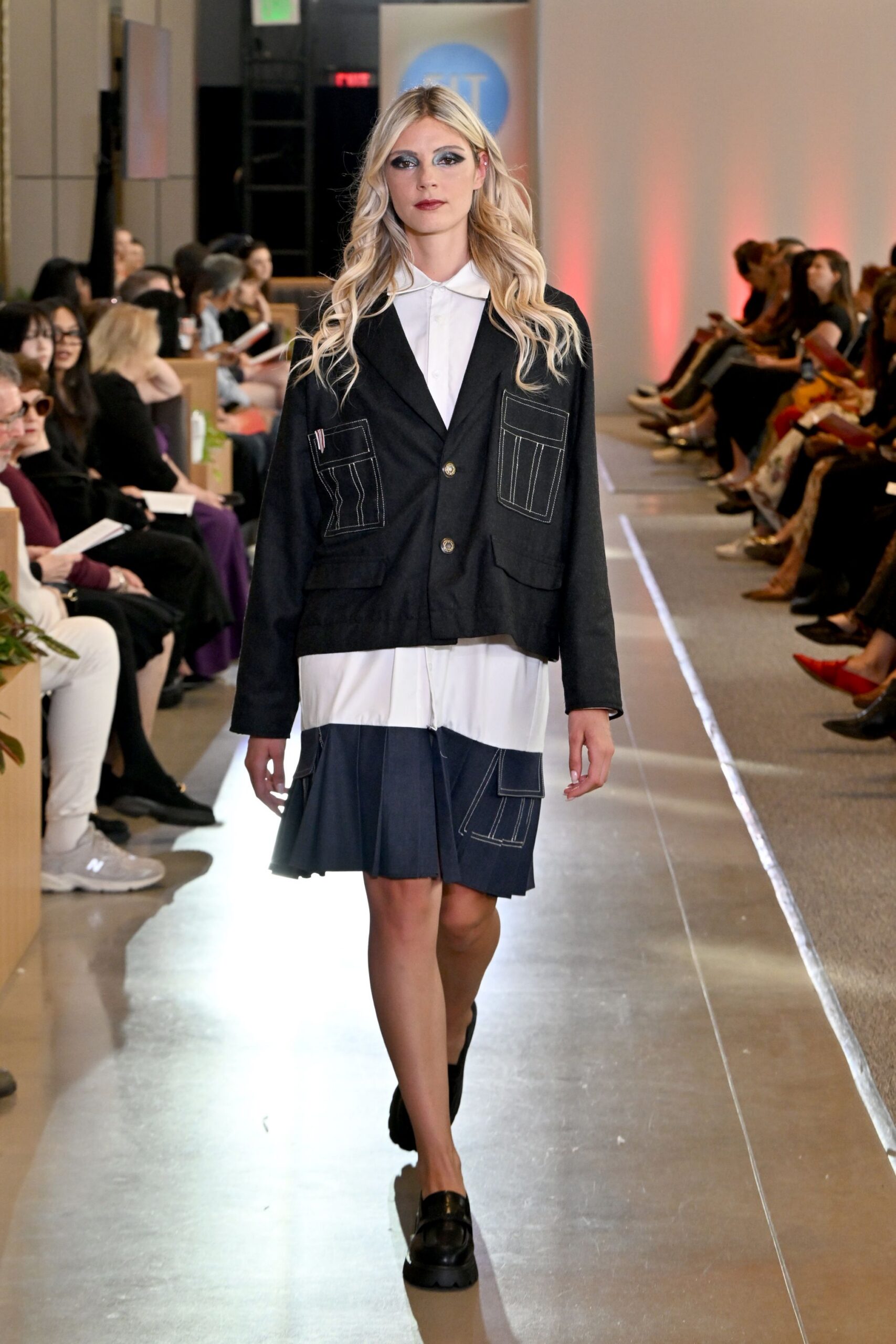 black denim jacket white shirt blue skirt