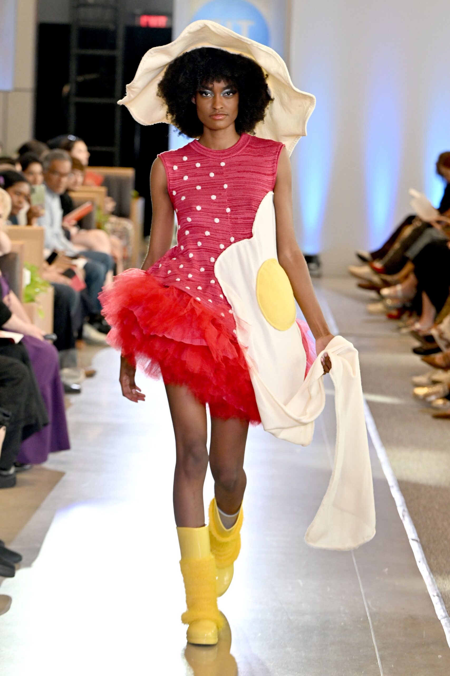 red and white mini dress with yellow shoes