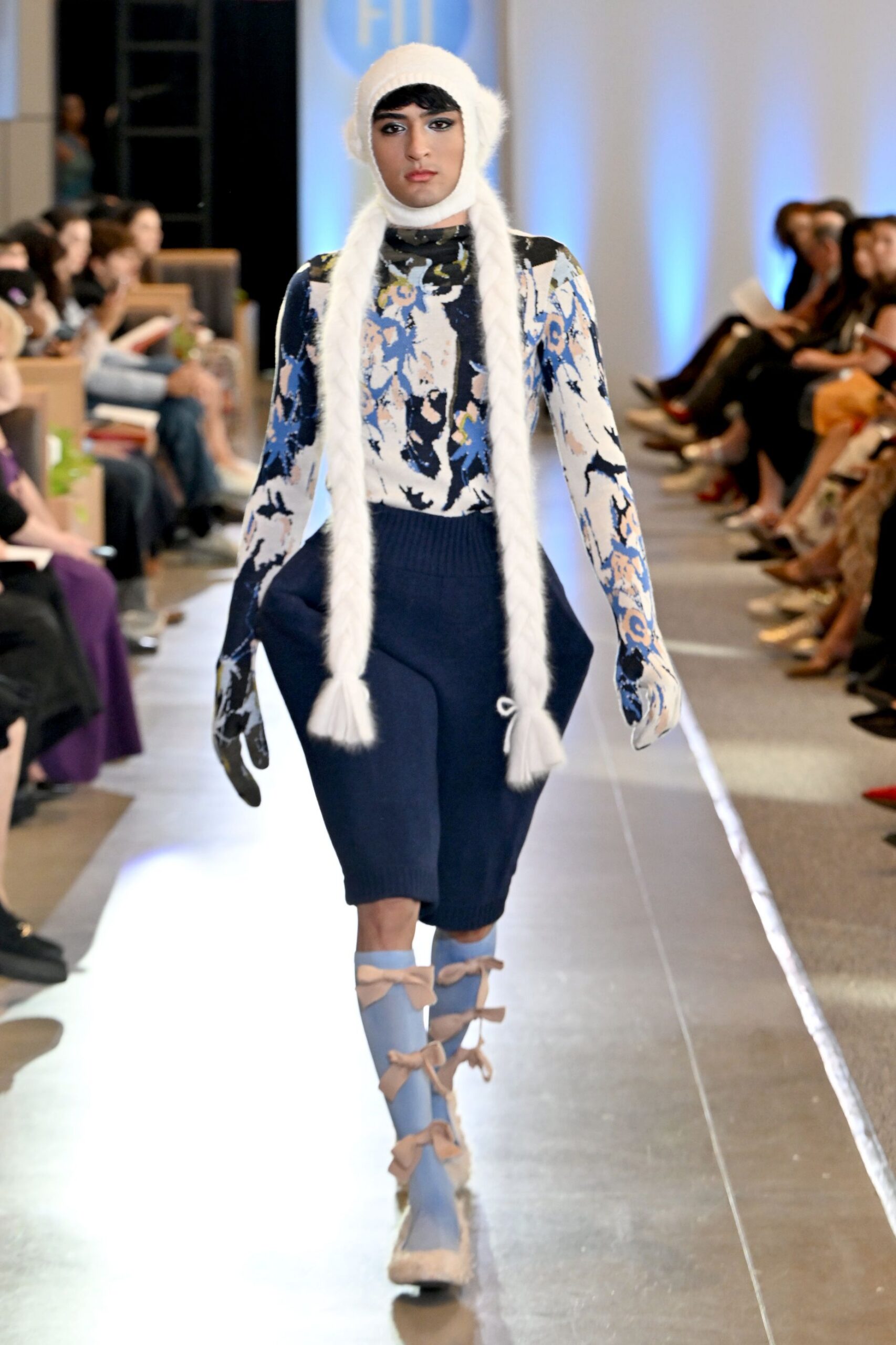 printed high-neck top with relaxed pants