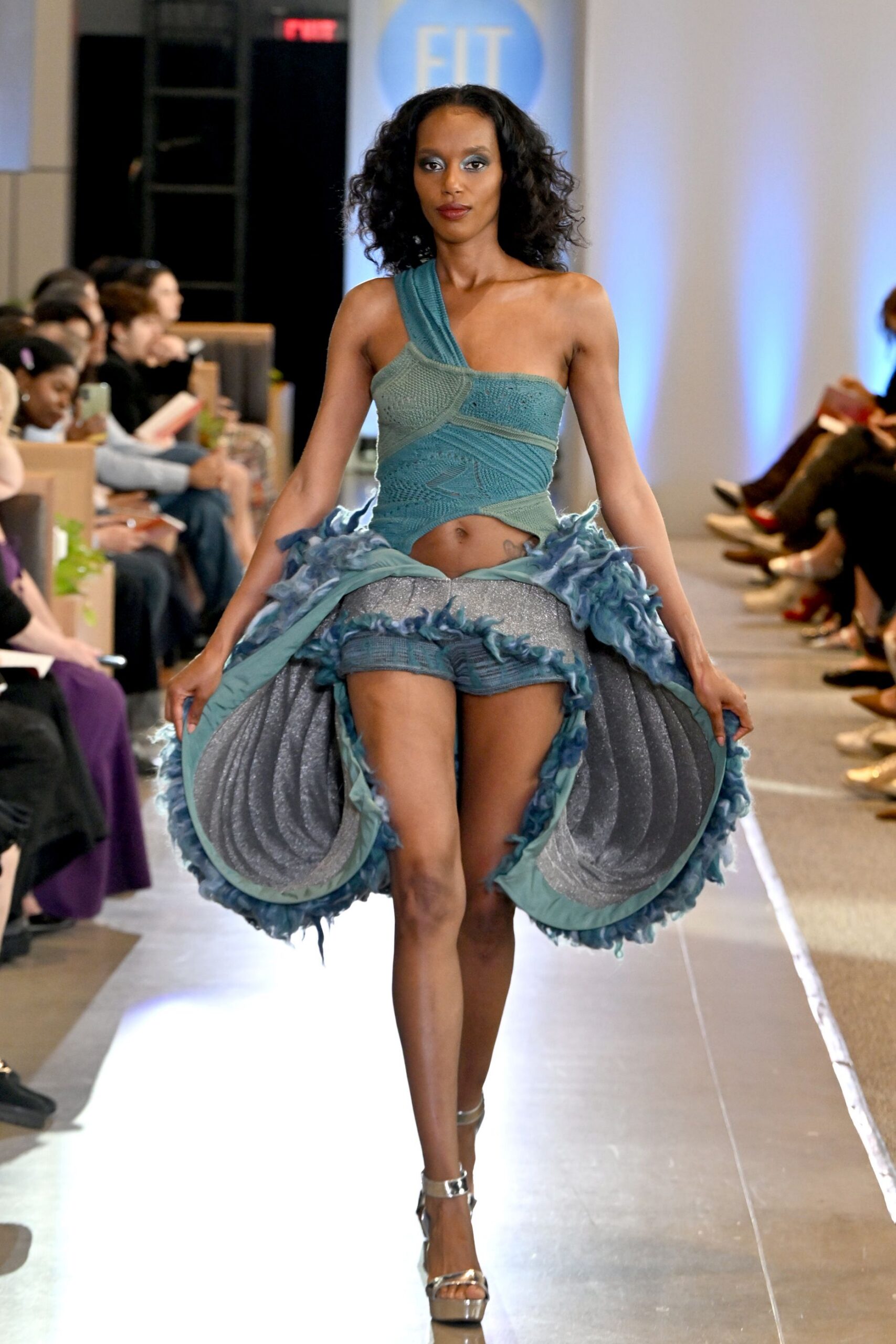 blue asymmetric ruffled mini dress