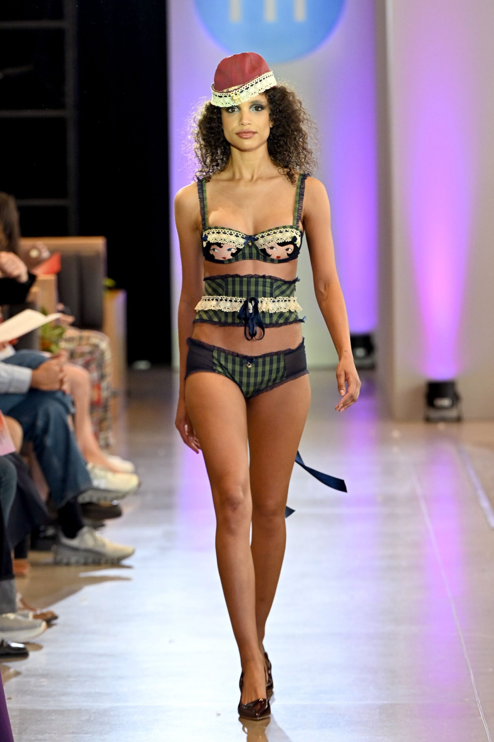 embroidered bikini with hat and heels