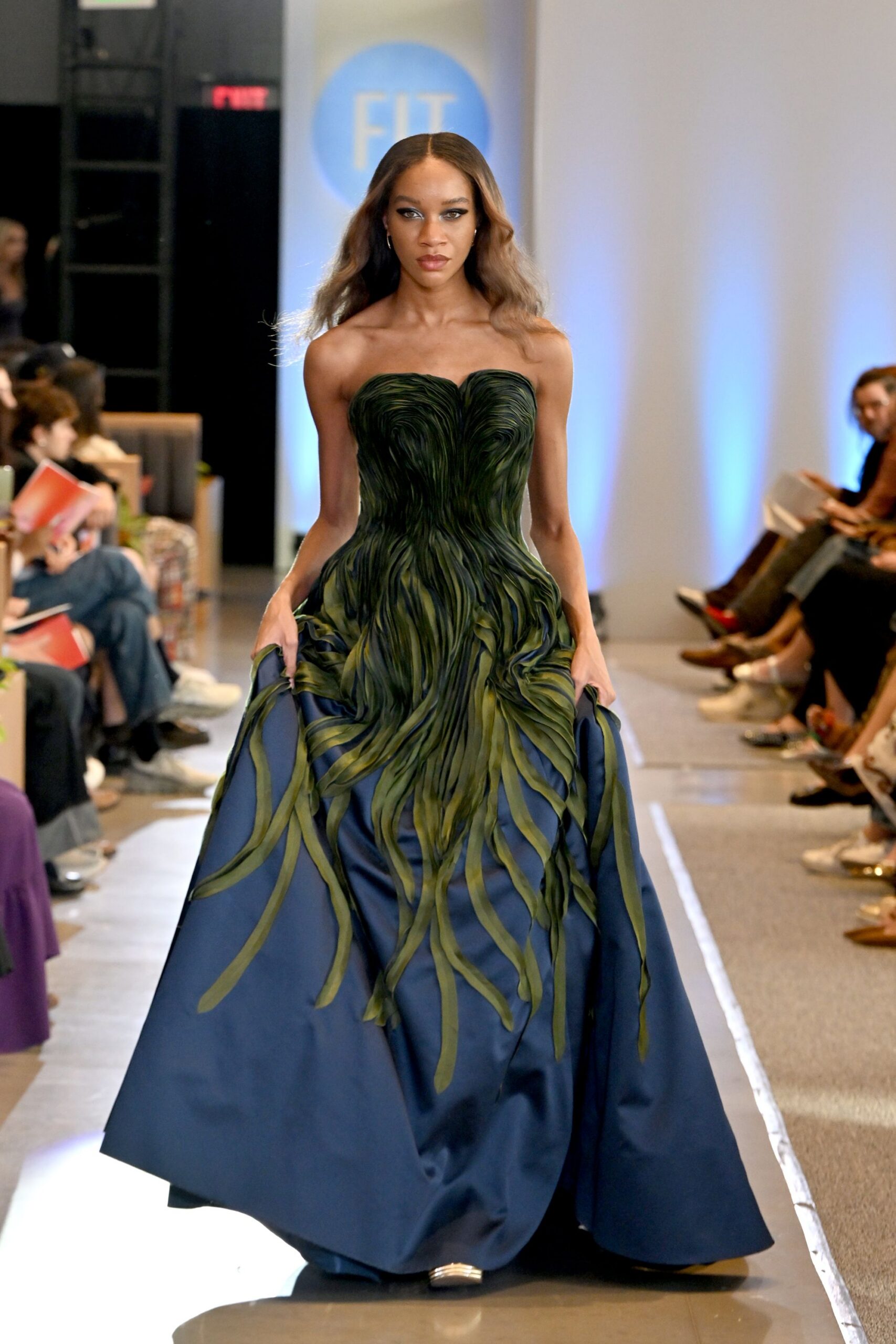 green and blue strapless gown