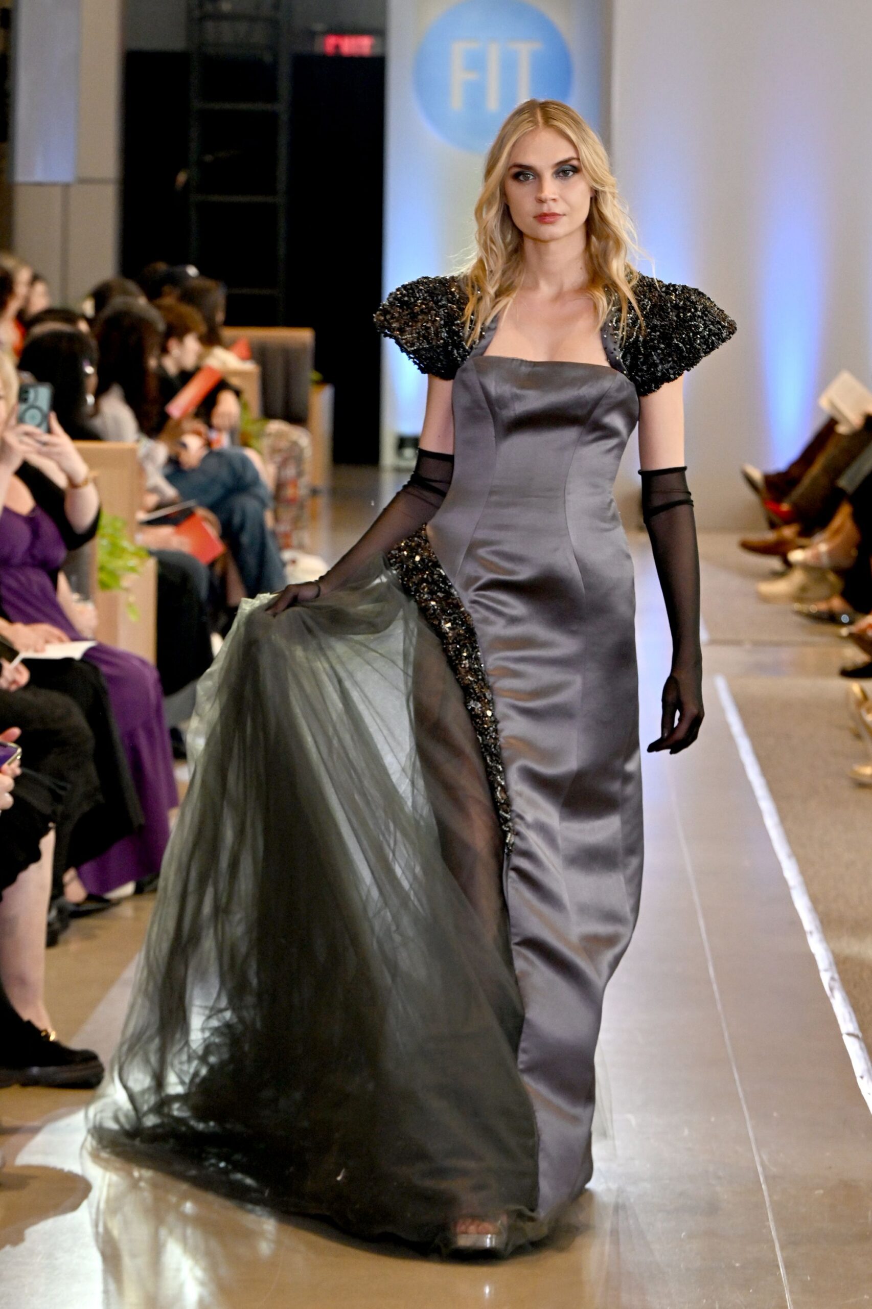 gray silk gown with black gloves
