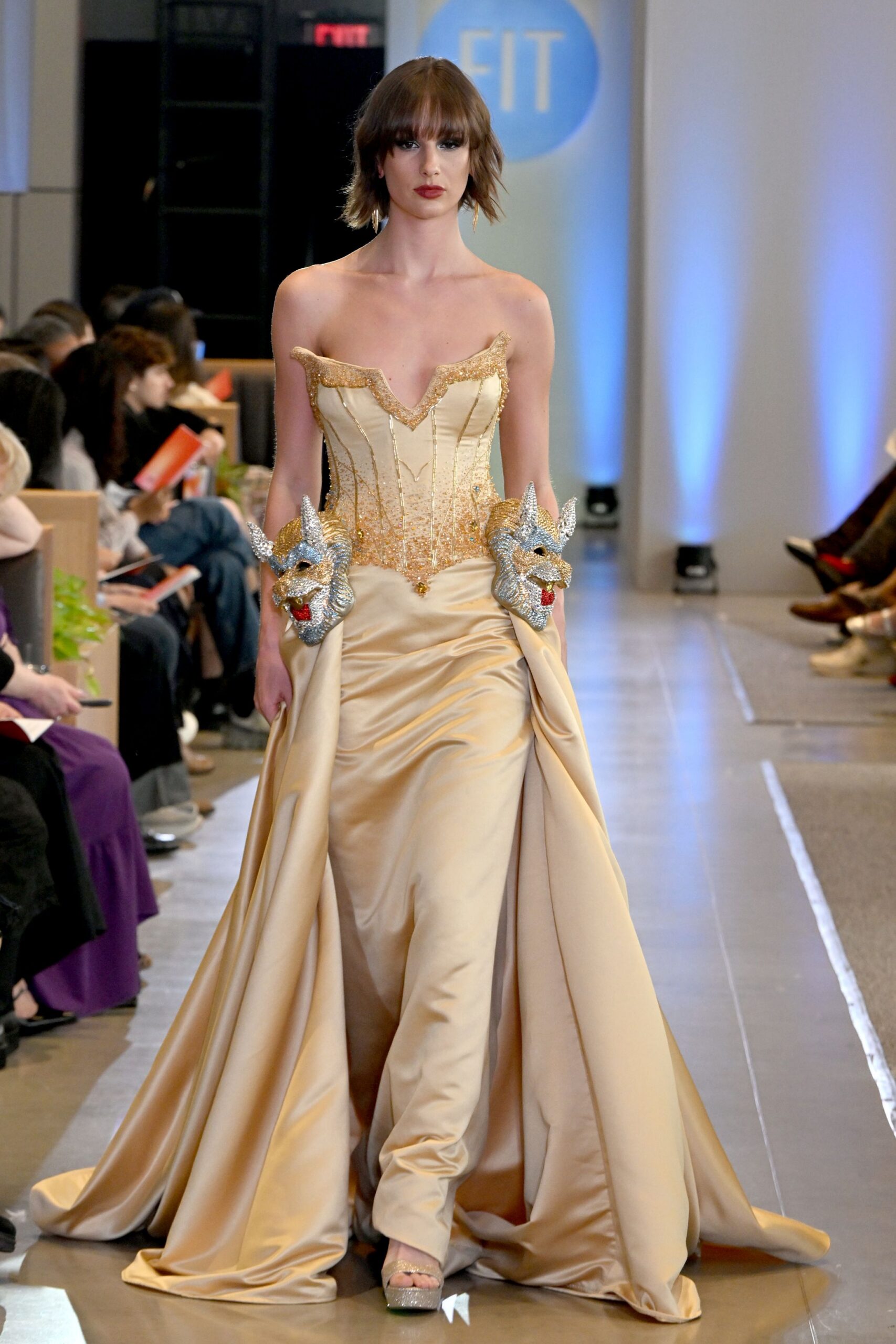 gold silk strapless gown