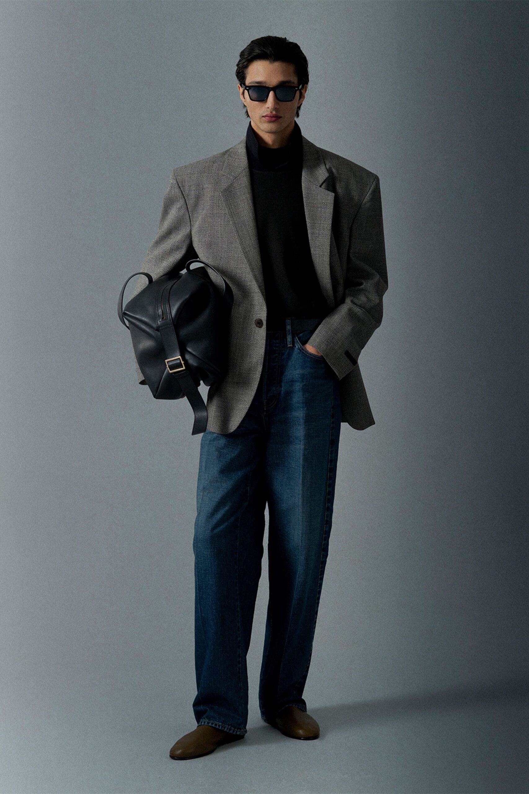 gray tweed blazer with black top