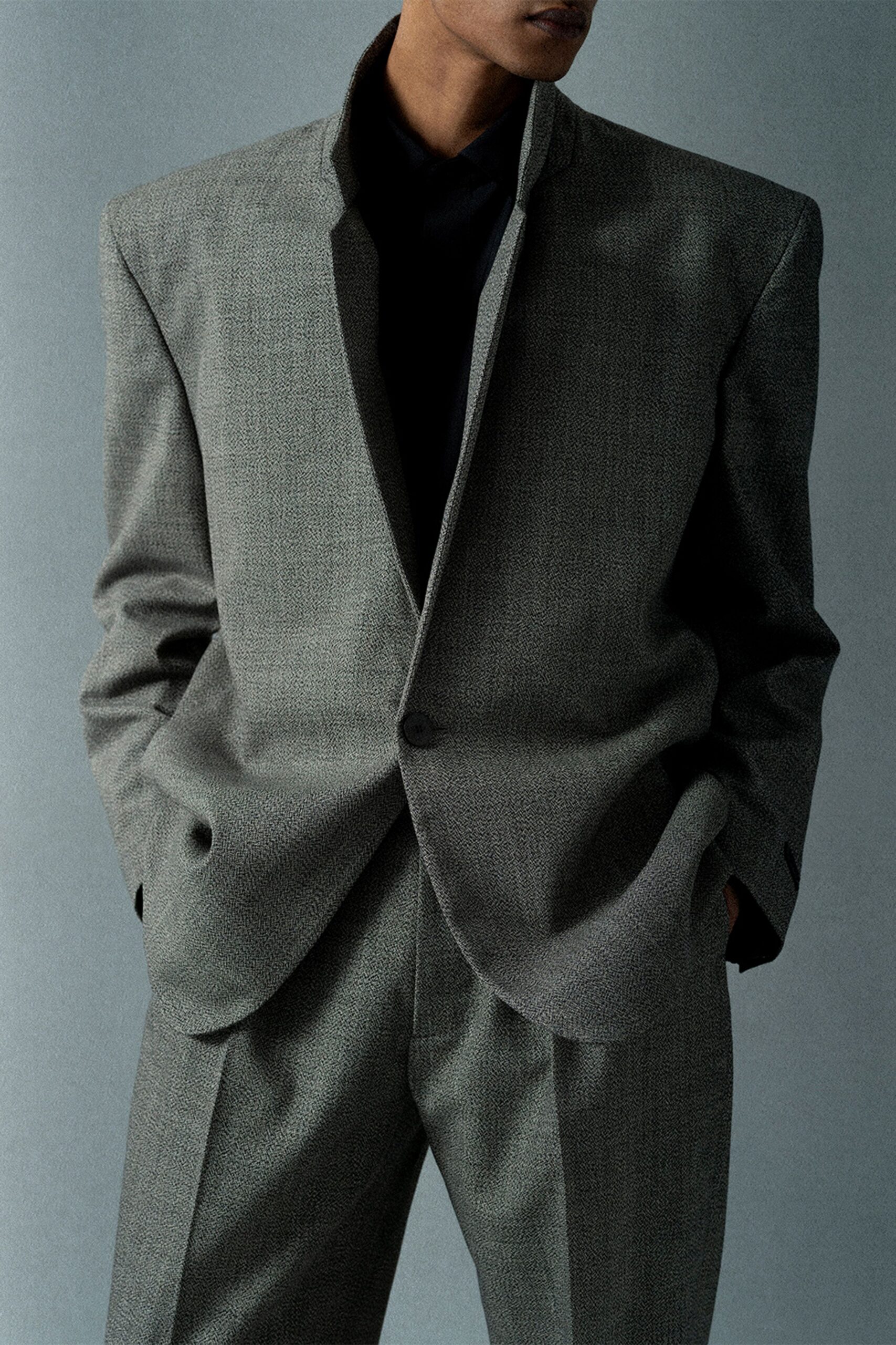 gray wool long-sleeve collared structured buttoned blazer