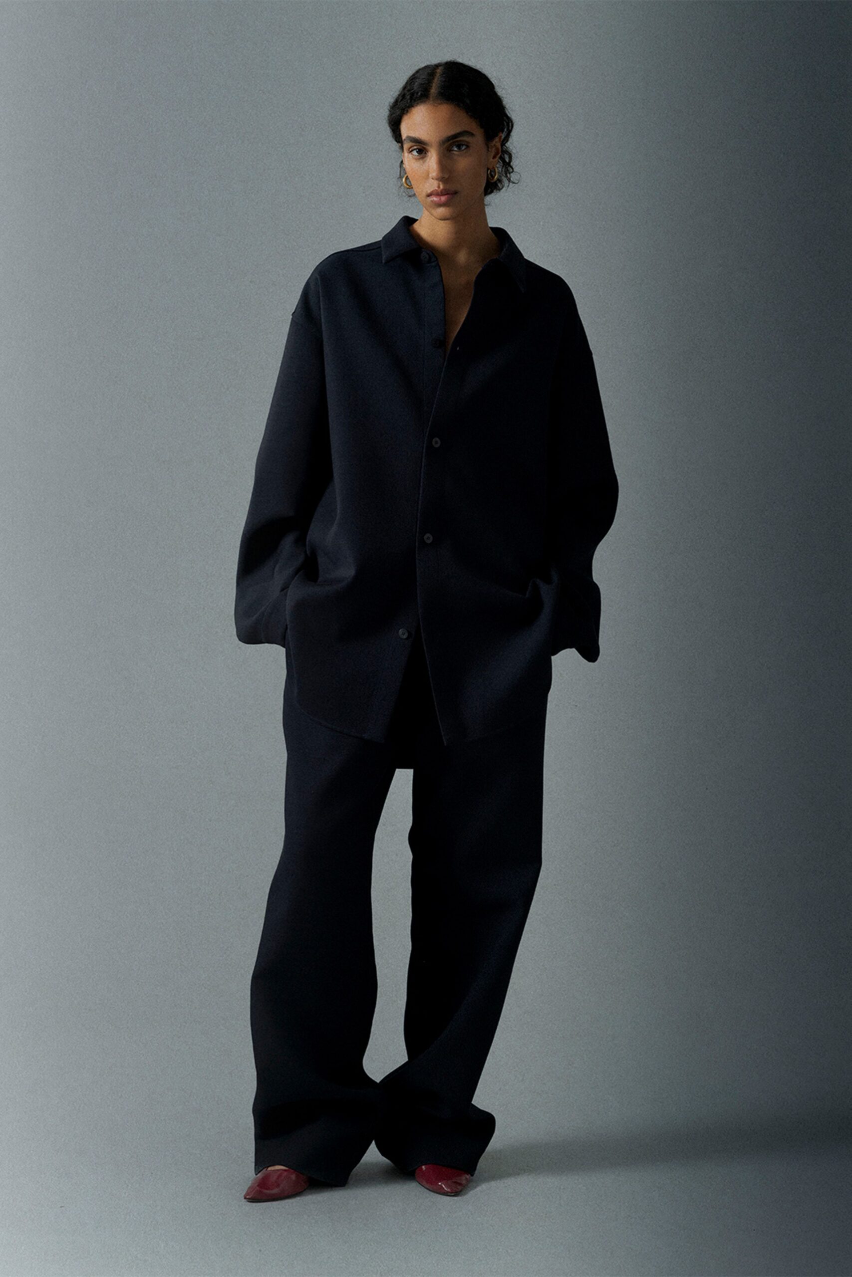 black wool long-sleeve collared oversized shirt