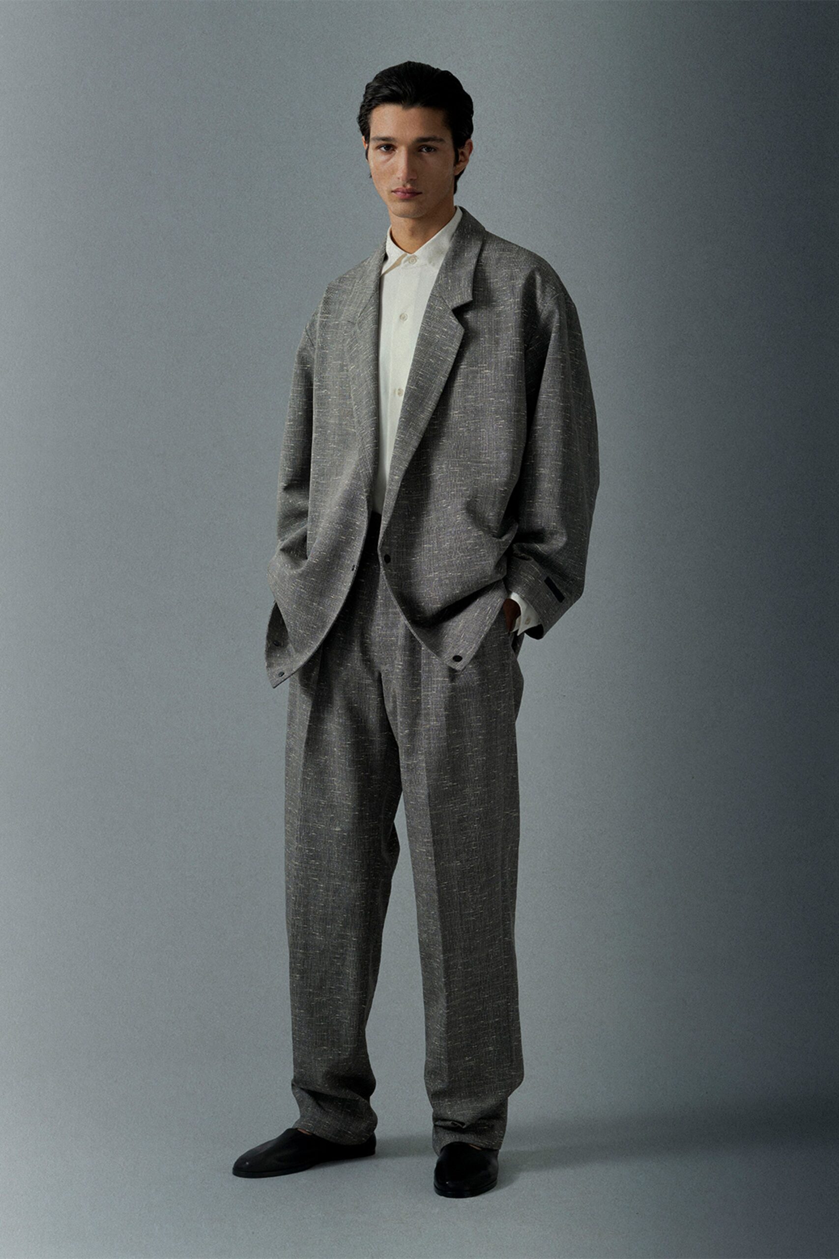 gray wool oversized straight-leg pants