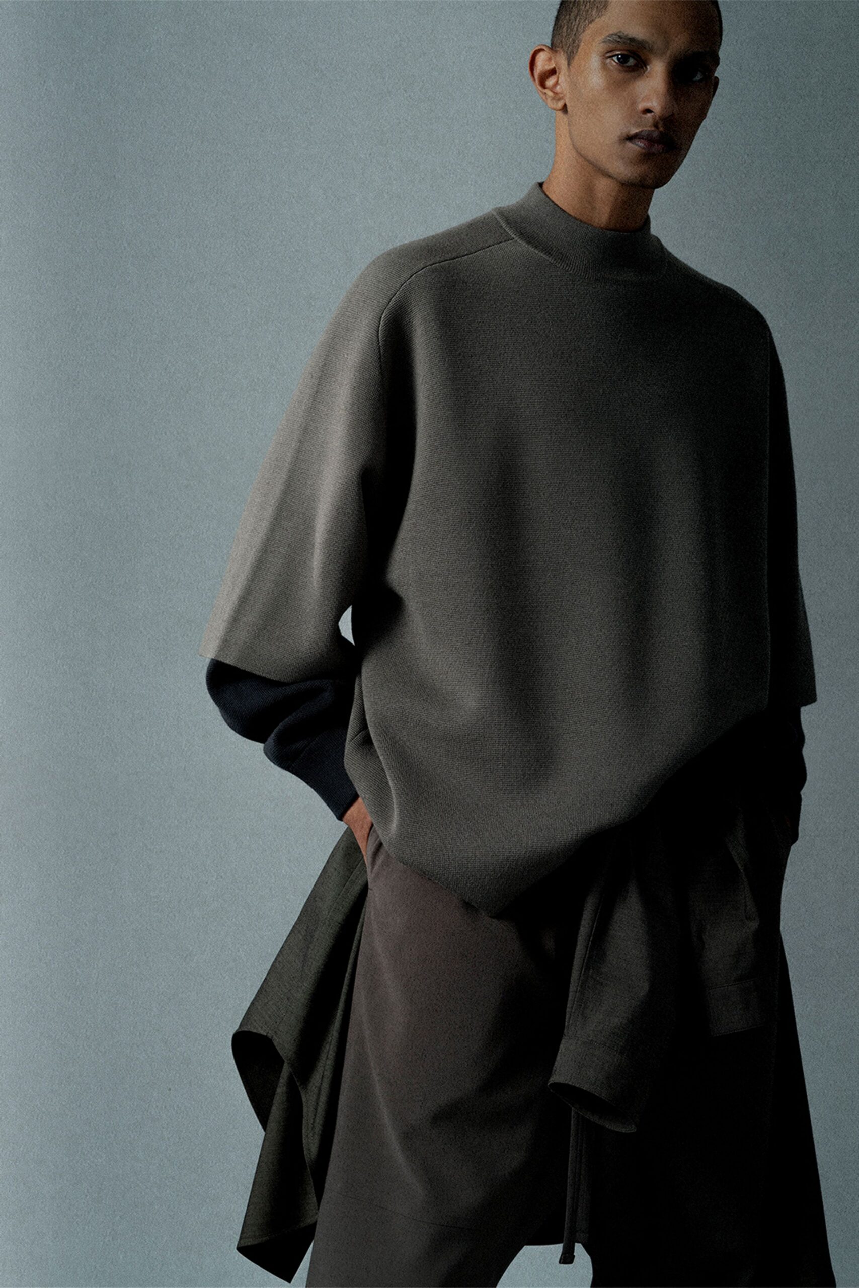 gray wool short-sleeve high-neck relaxed top