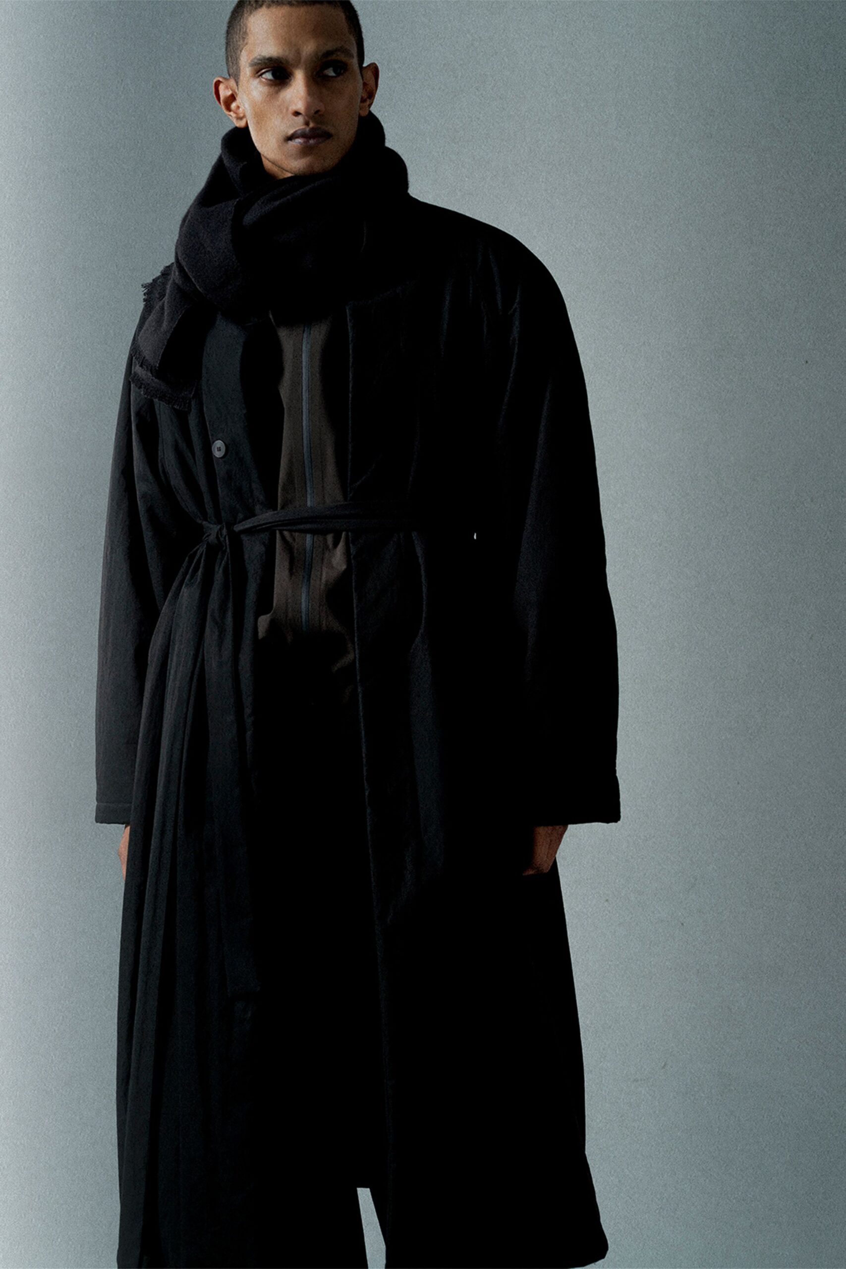 black wool coat with scarf