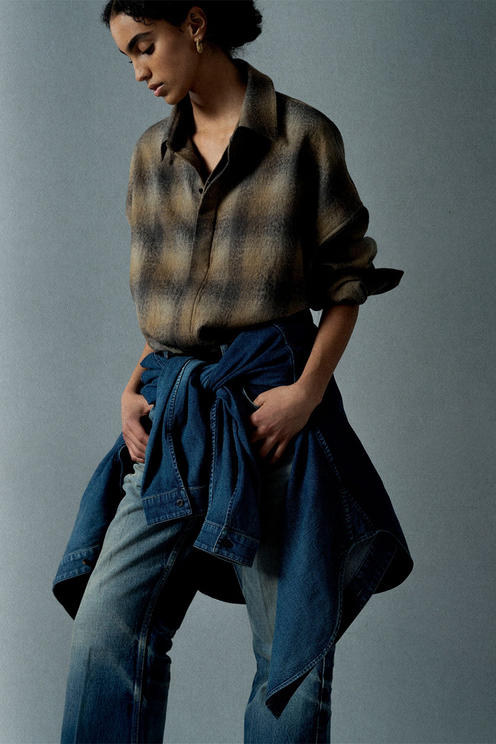 brown wool long-sleeve collared relaxed checked shirt