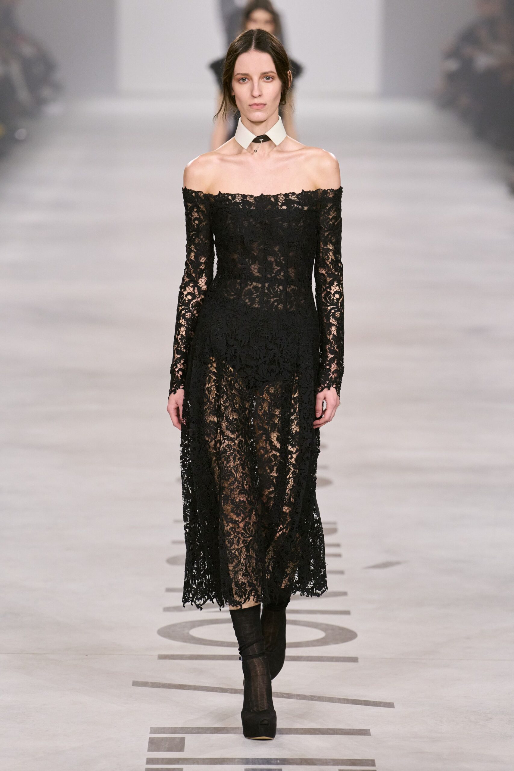 black lace long-sleeve off-shoulder fitted embroidered tiered dress