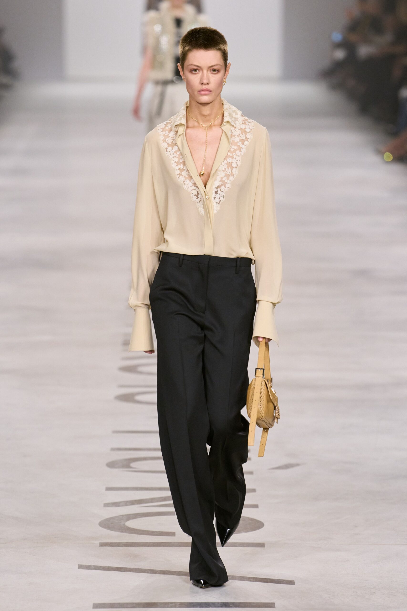 beige silk long-sleeve collared relaxed embroidered blouse