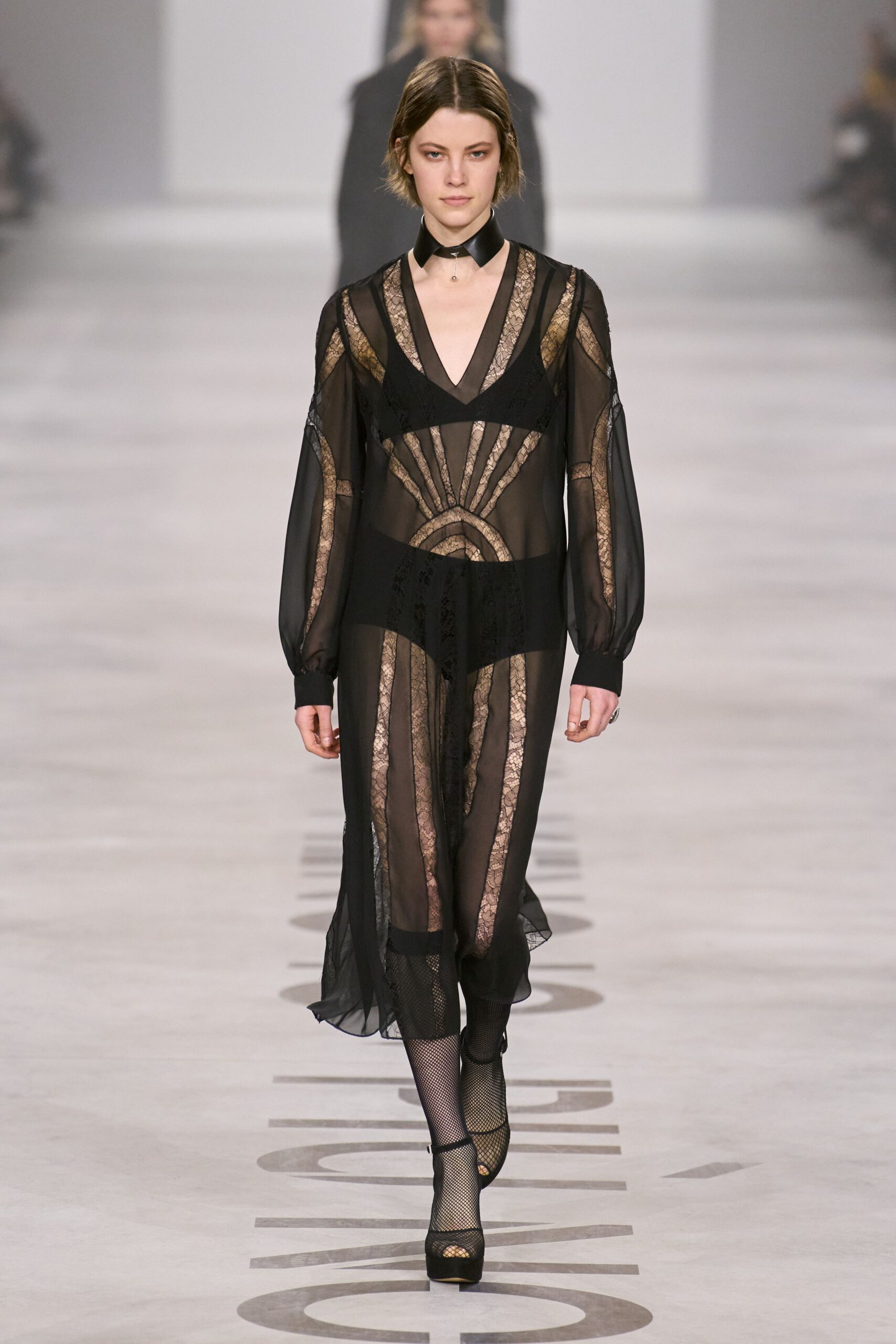 black silk long-sleeve v-neck fitted embroidered dress