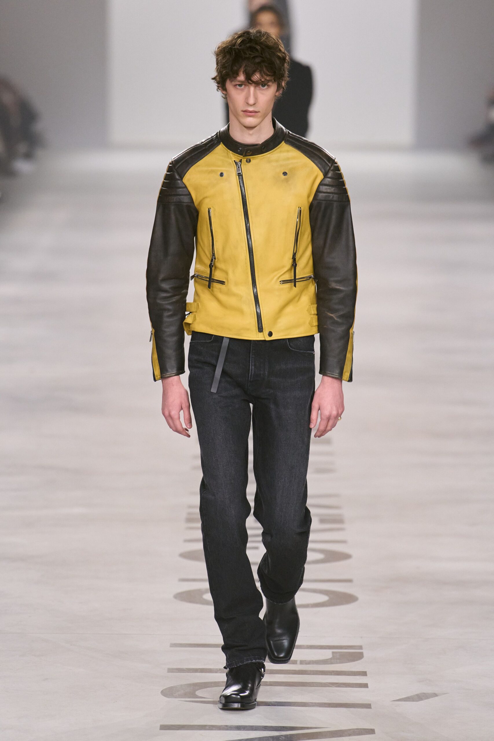 yellow leather long-sleeve collared fitted zippered jacket