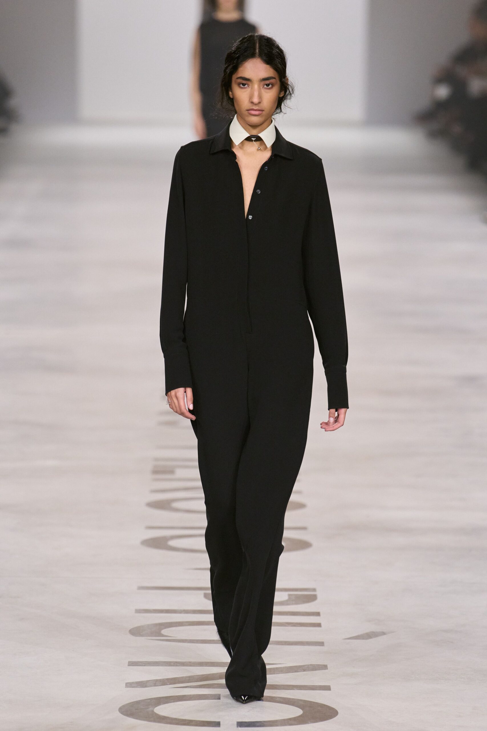 black cotton long-sleeve collared fitted jumpsuit