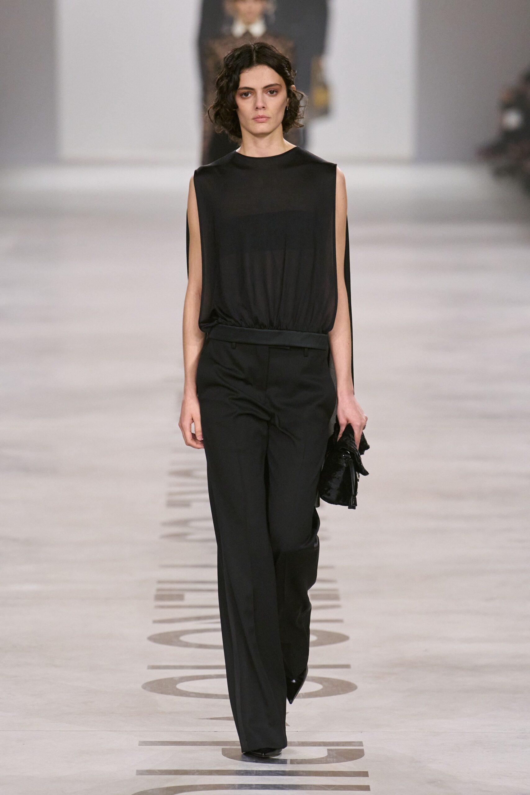 black silk sleeveless high-neck relaxed sheer top