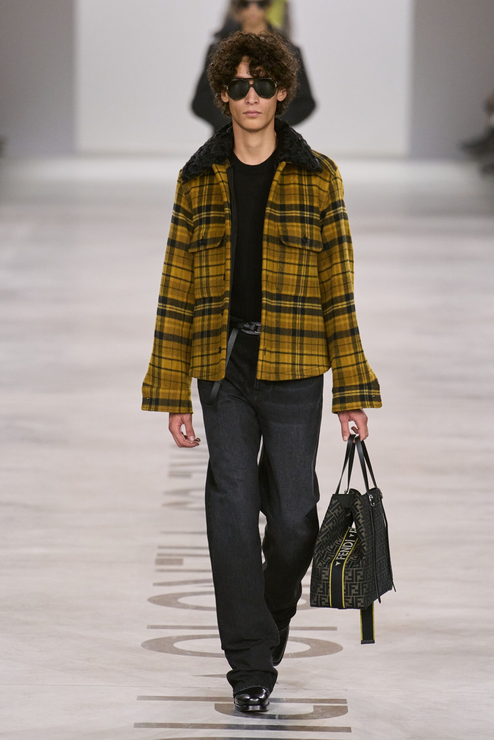 yellow cotton long-sleeve collared relaxed checked jacket