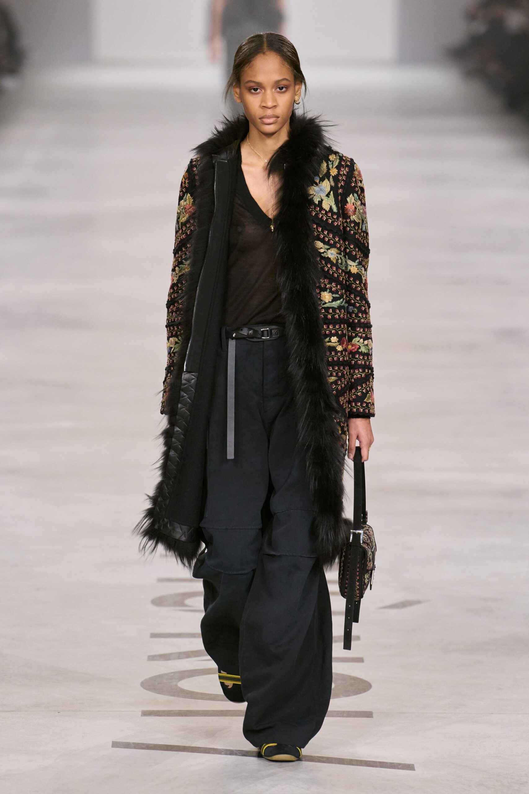 black wool long-sleeve relaxed embroidered layered coat