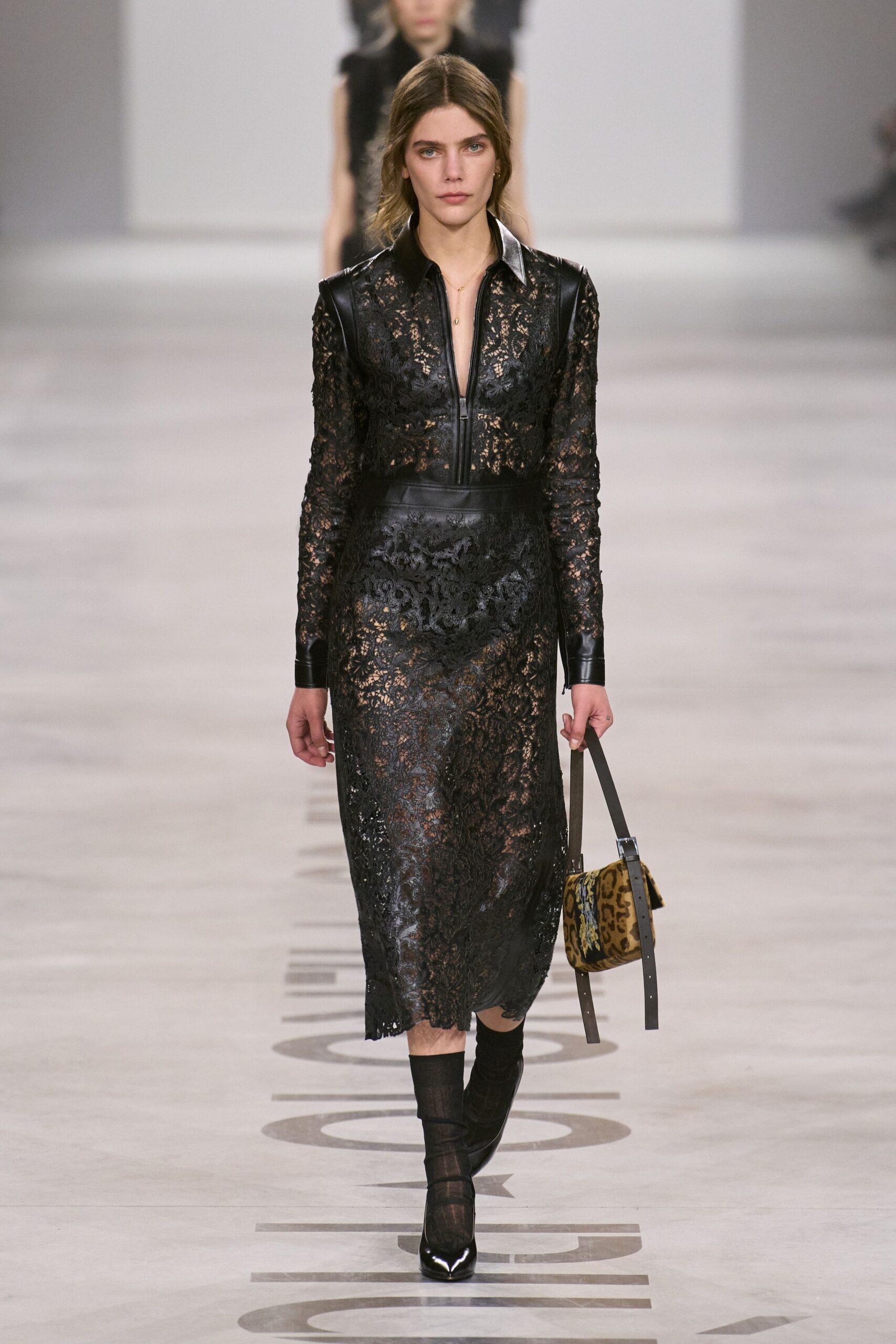 black lace long-sleeve collared fitted zippered embroidered dress