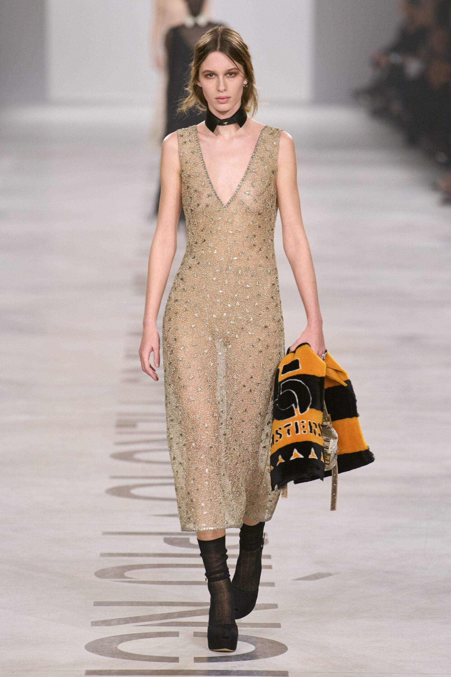 gold silk sleeveless v-neck fitted beaded dress