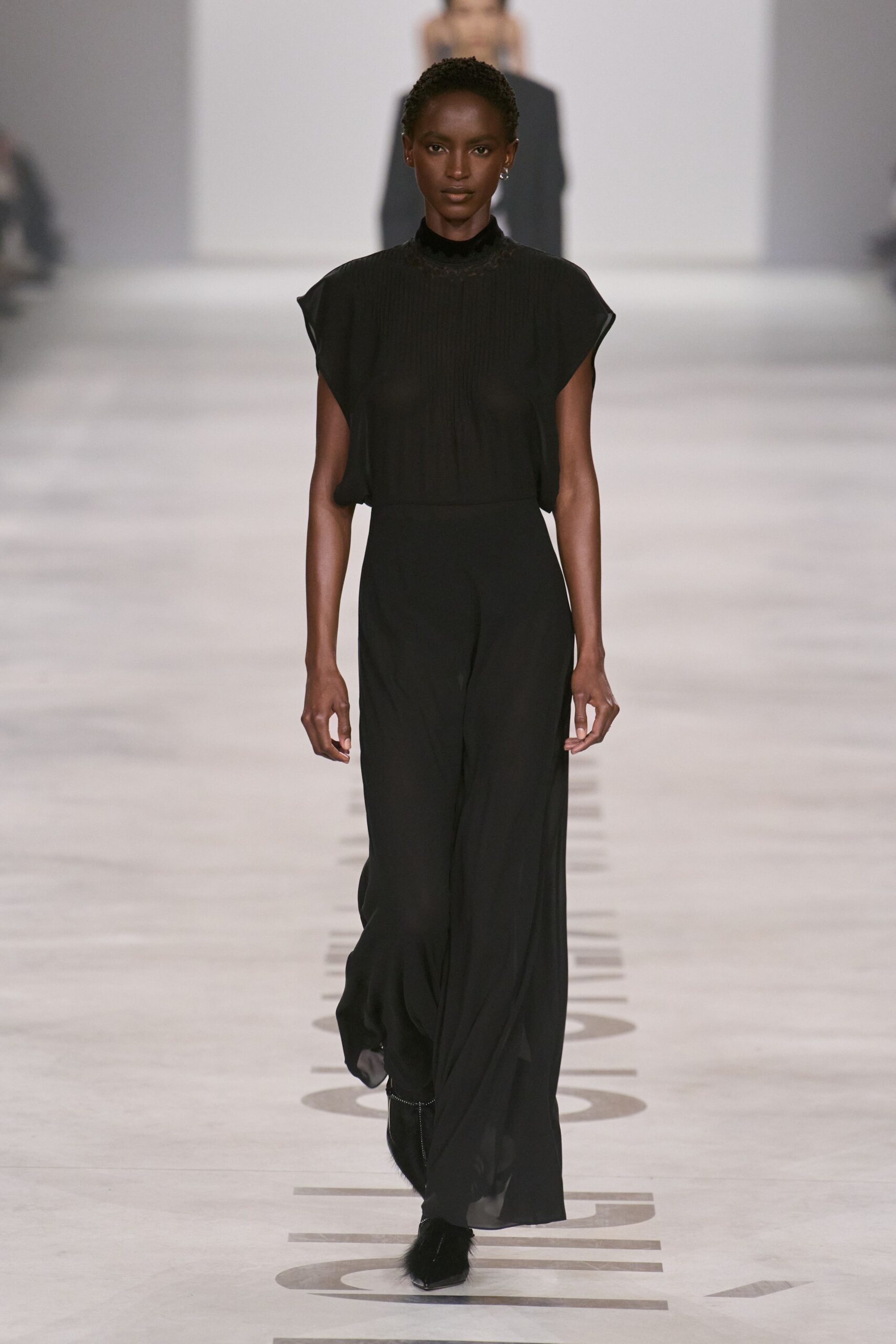 black silk short-sleeve high-neck fitted pleated sheer top