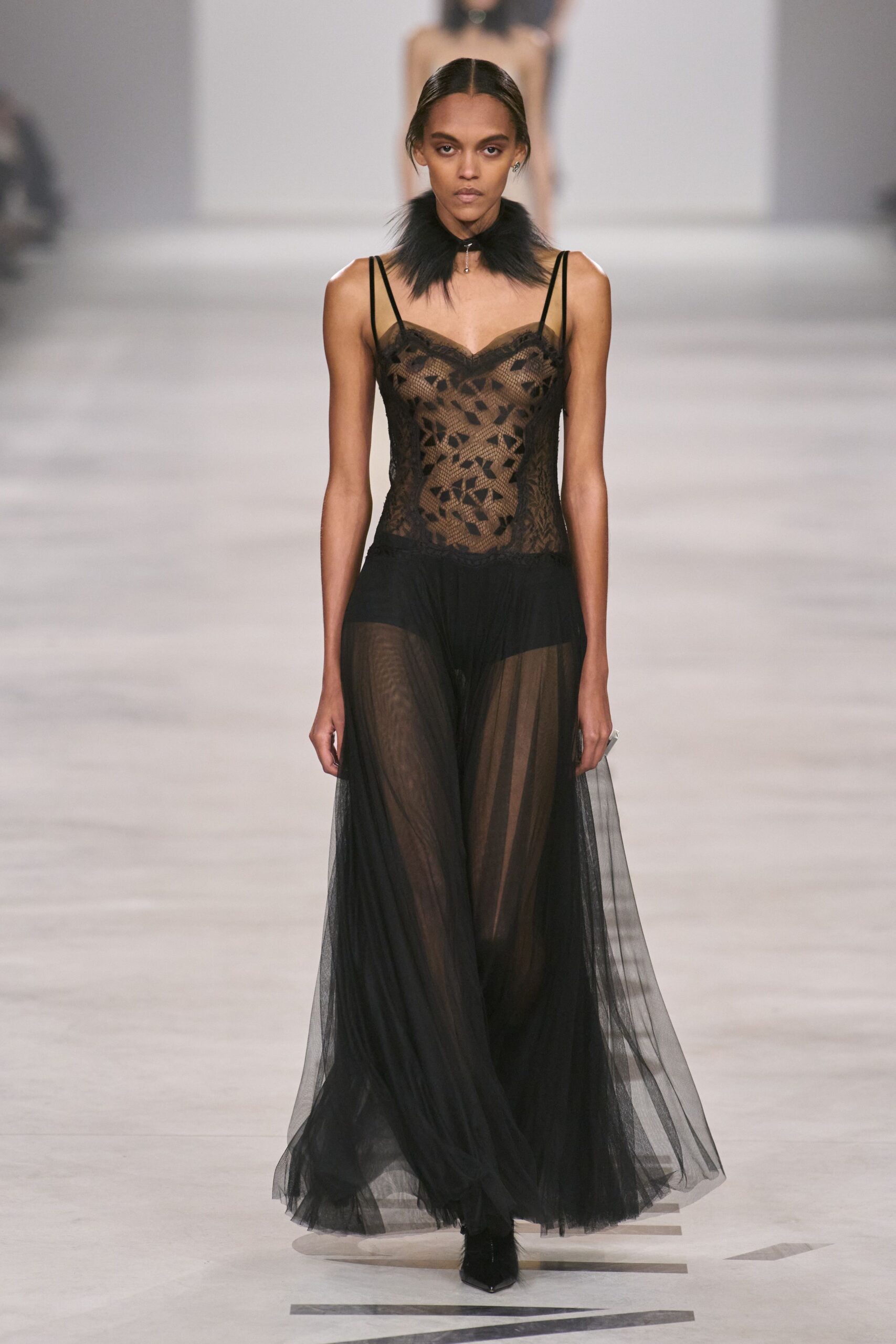 black tulle sleeveless v-neck fitted layered gown