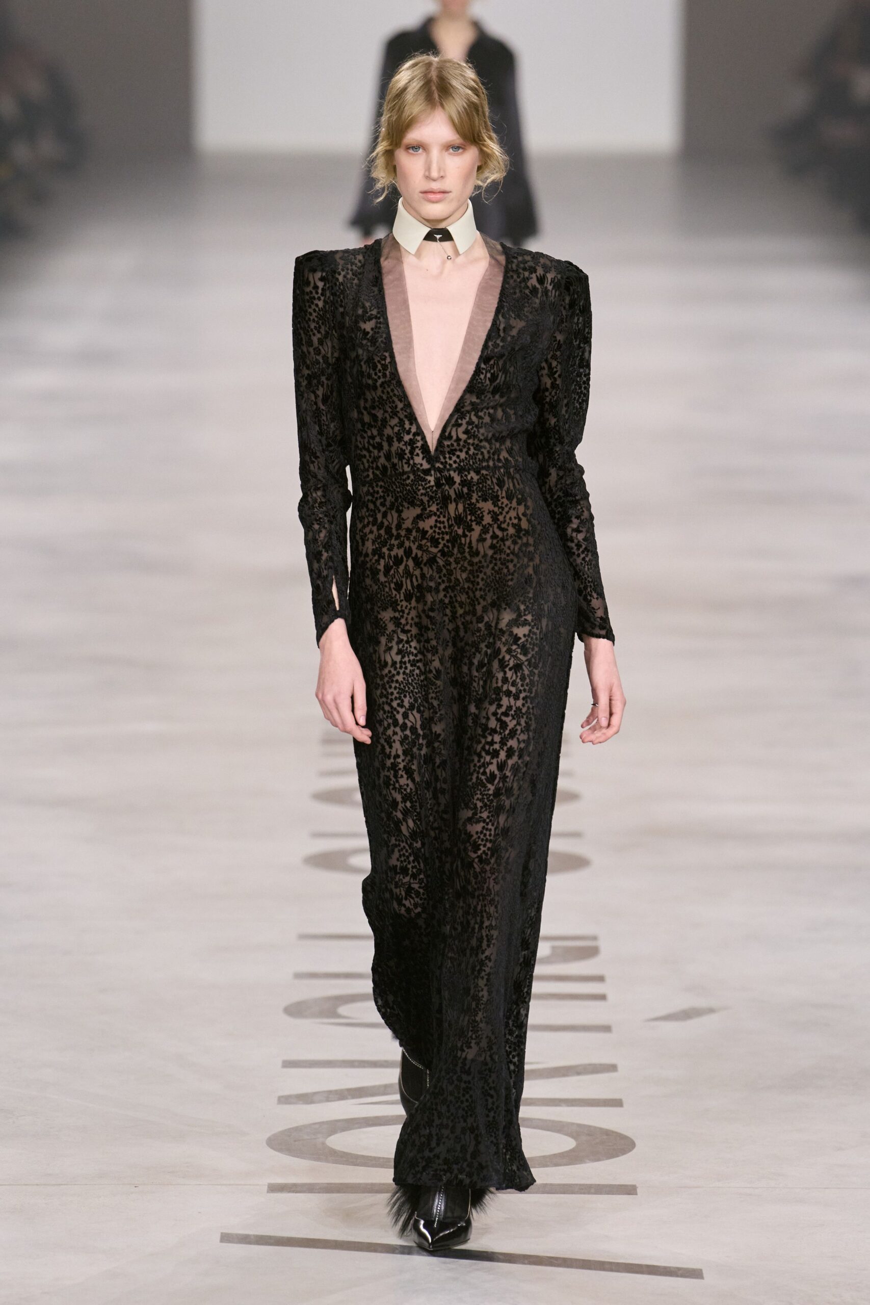 black lace long-sleeve v-neck fitted embroidered maxi gown