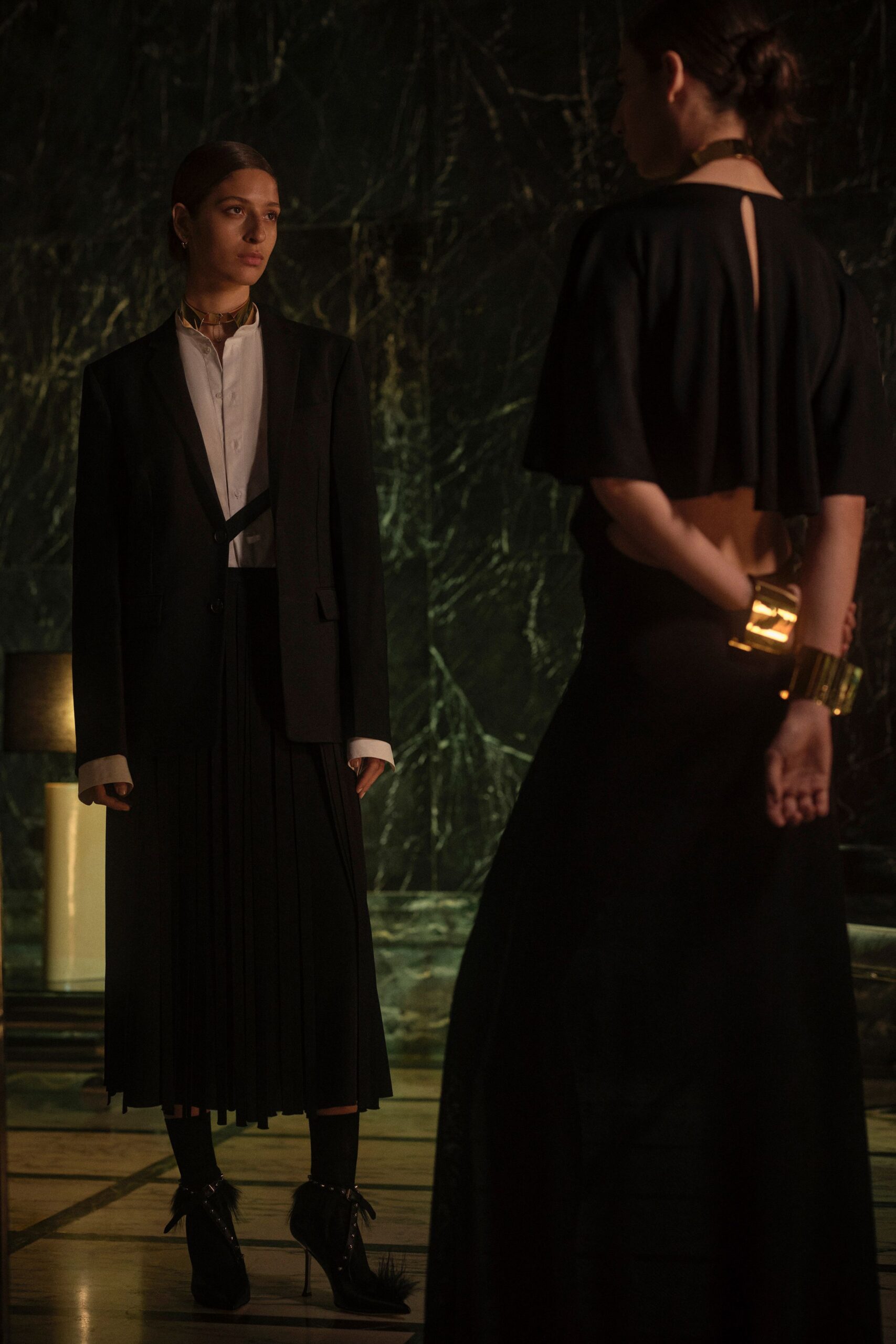 black silk sleeveless backless fitted maxi dress