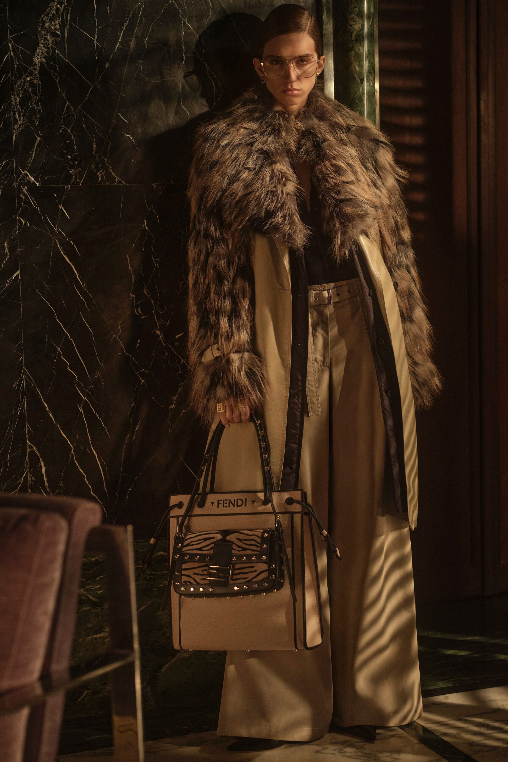 brown fur long-sleeve relaxed layered coat