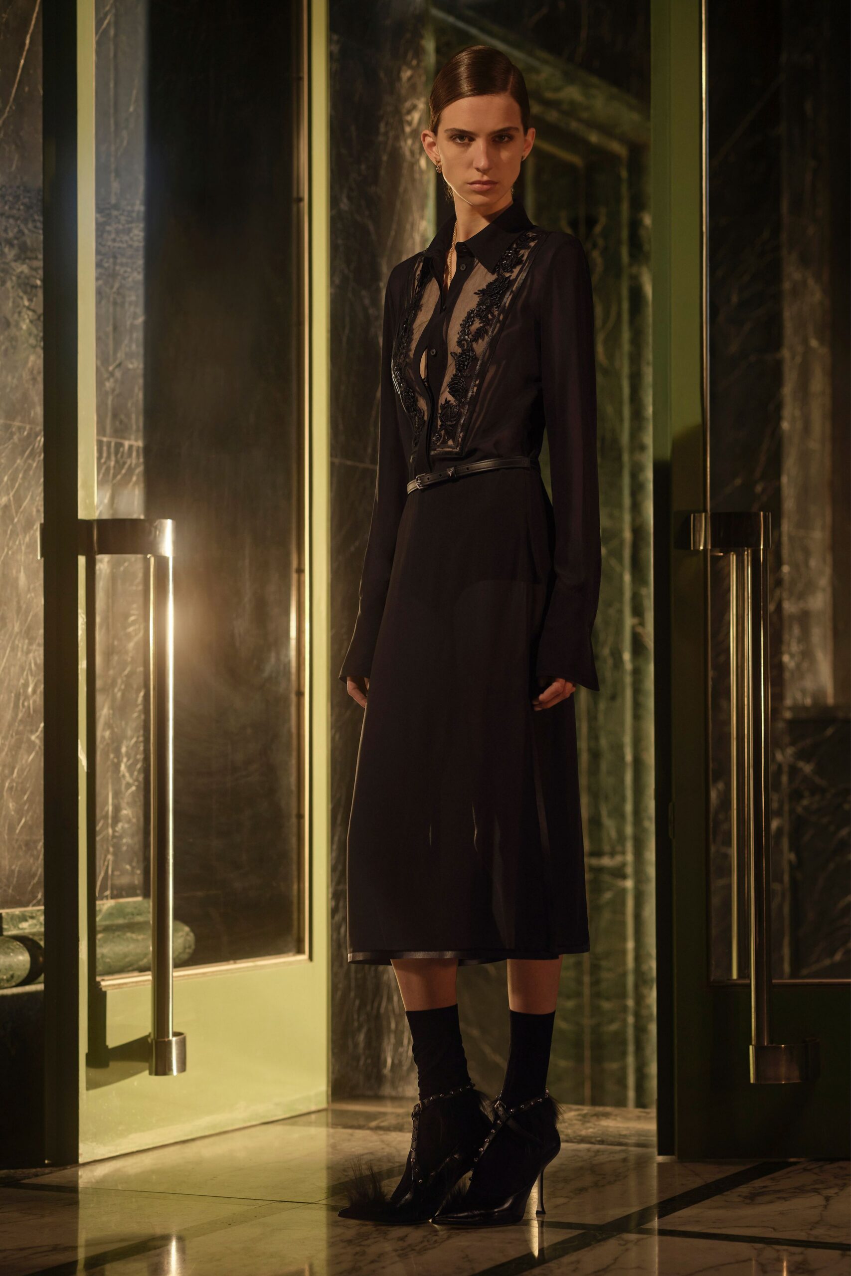 black silk long-sleeve v-neck fitted embroidered belted dress