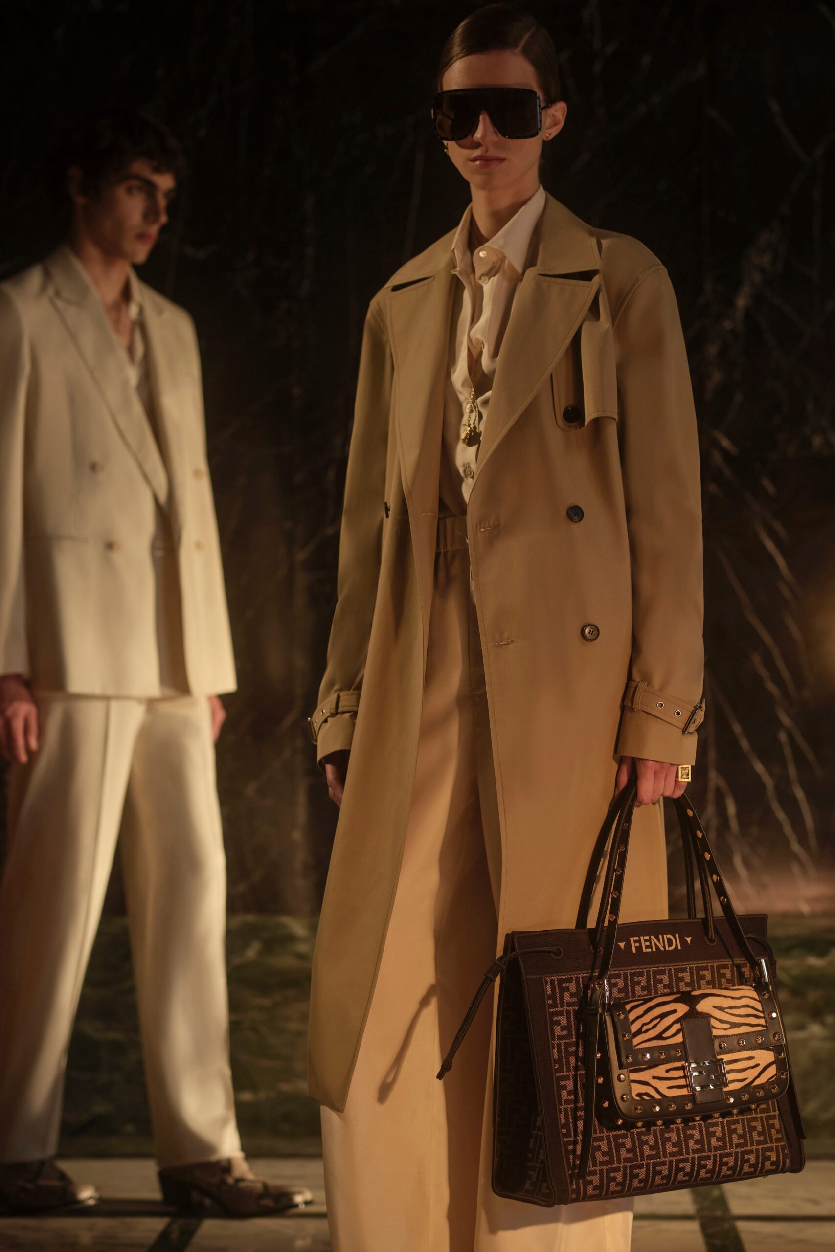 beige cotton long-sleeve collared relaxed buttoned trench
