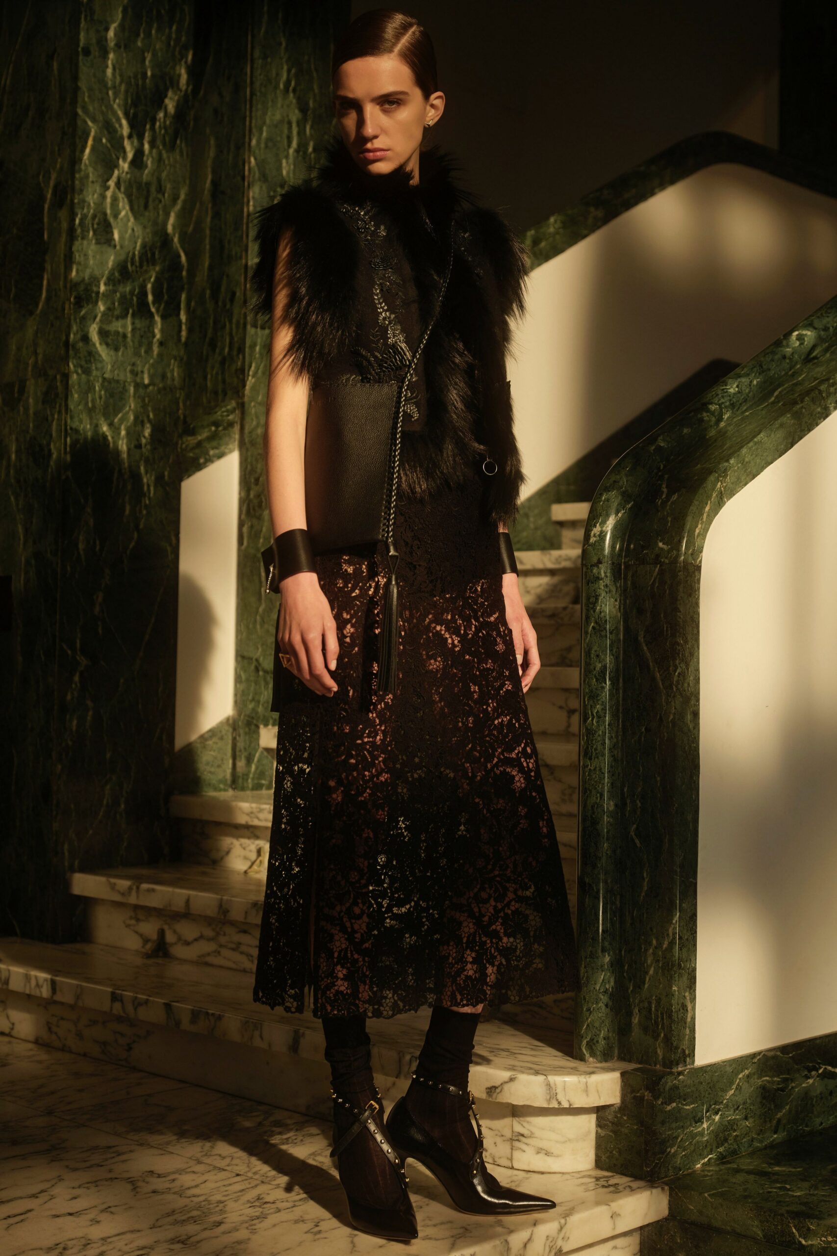 black lace long-sleeve fitted pleated midi skirt