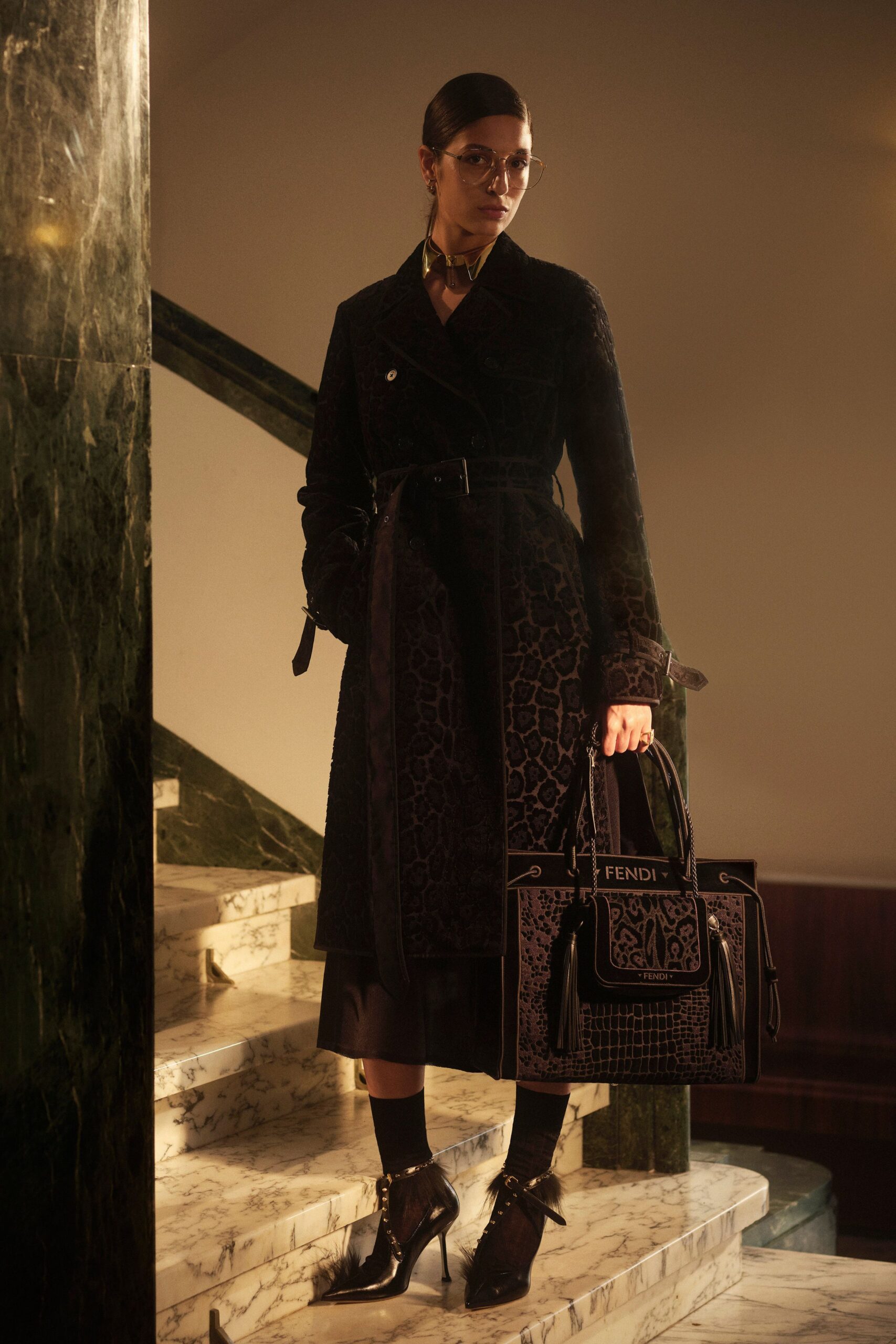 black velvet long-sleeve collared fitted animal-print belted coat