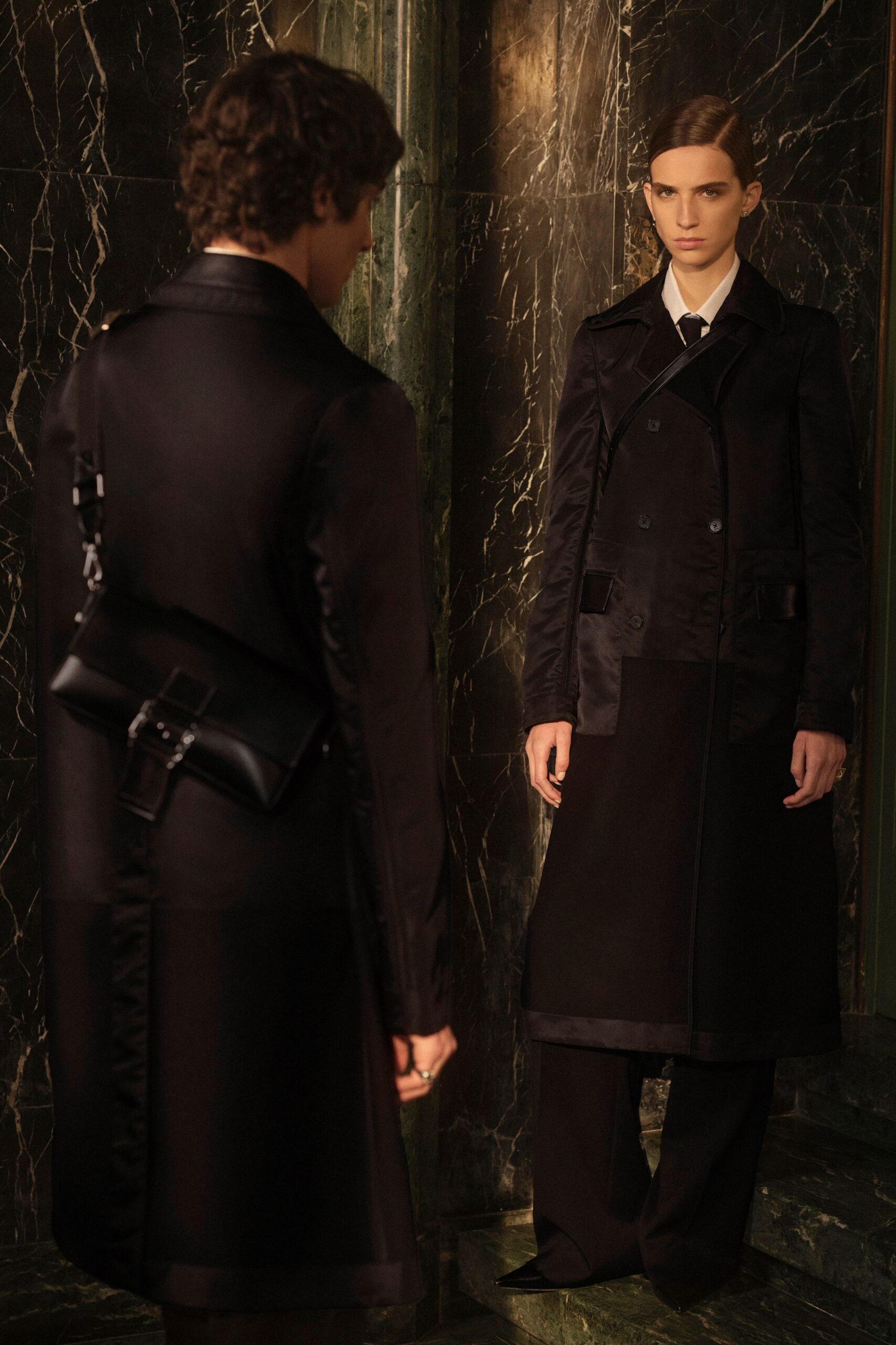 black silk long-sleeve collared fitted zippered maxi coat