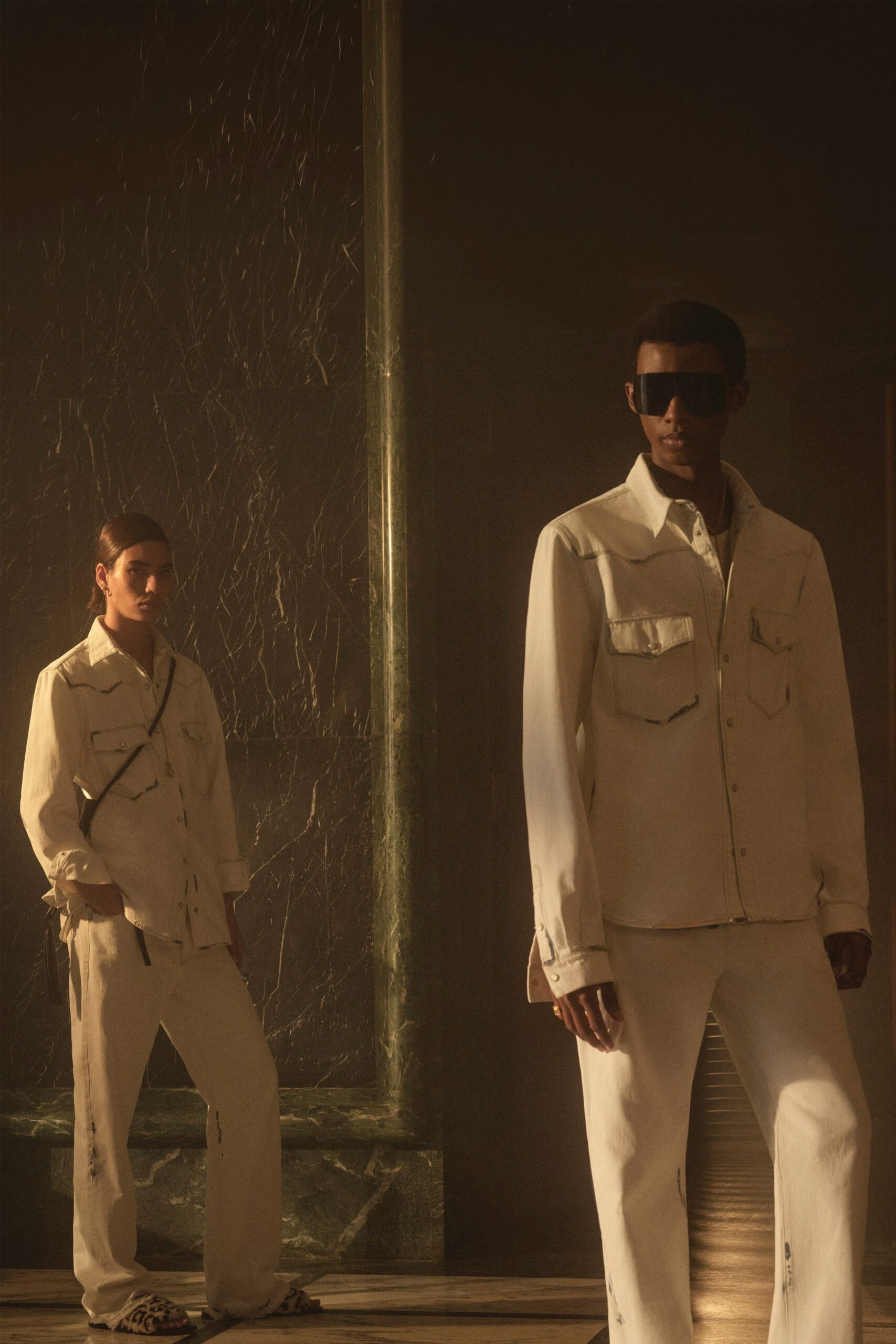 white denim long-sleeve collared relaxed buttoned shirt